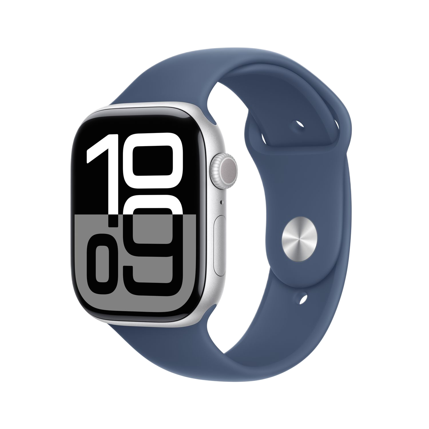Apple Watch argentée avec un bracelet bleu. L'écran affiche l'heure, 19:09, et d'autres données.