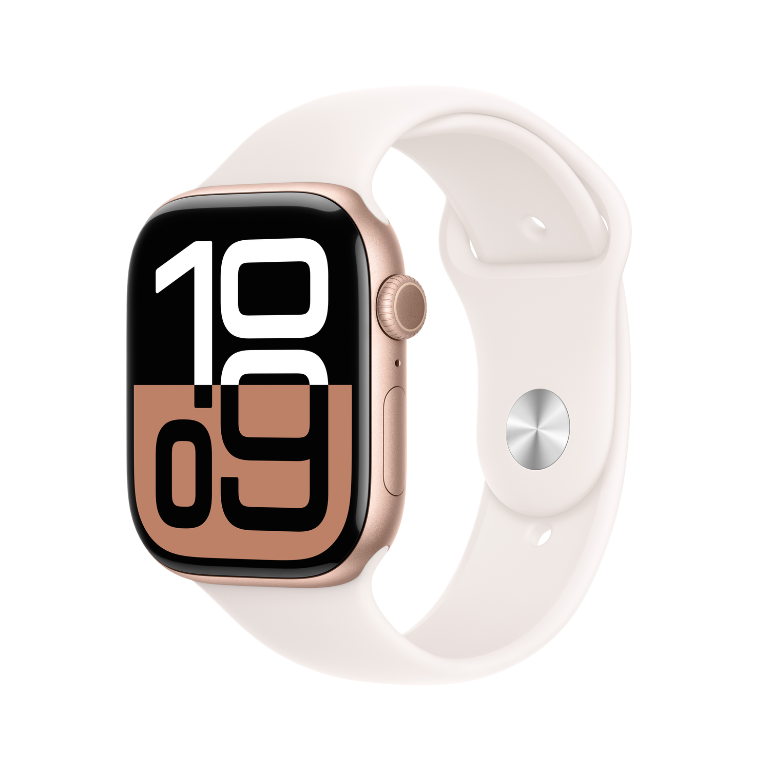 Gouden Apple Watch met witte band. Digitale display toont tijd en zon symbool. Zwarte achtergrond.