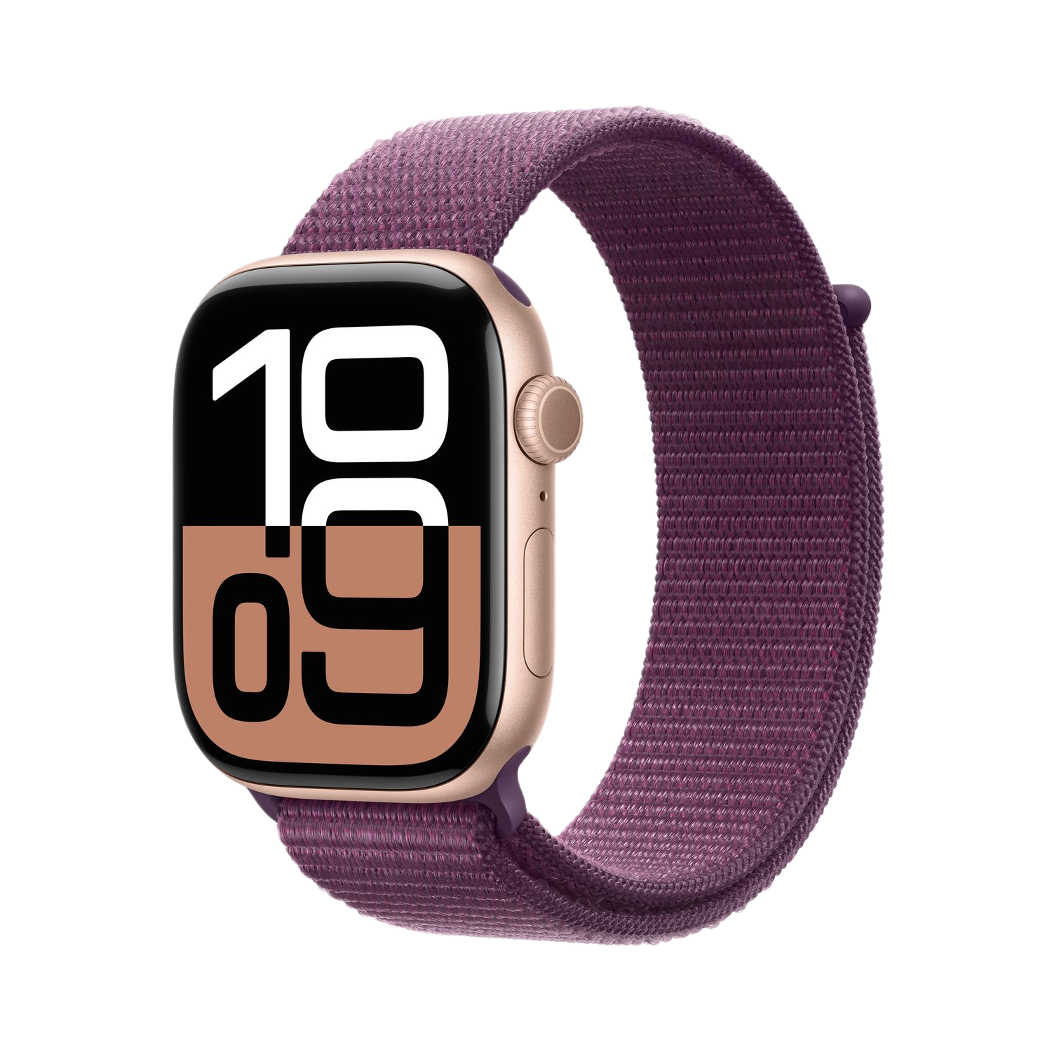 Gold Apple Watch with purple band showing the time. Black background.