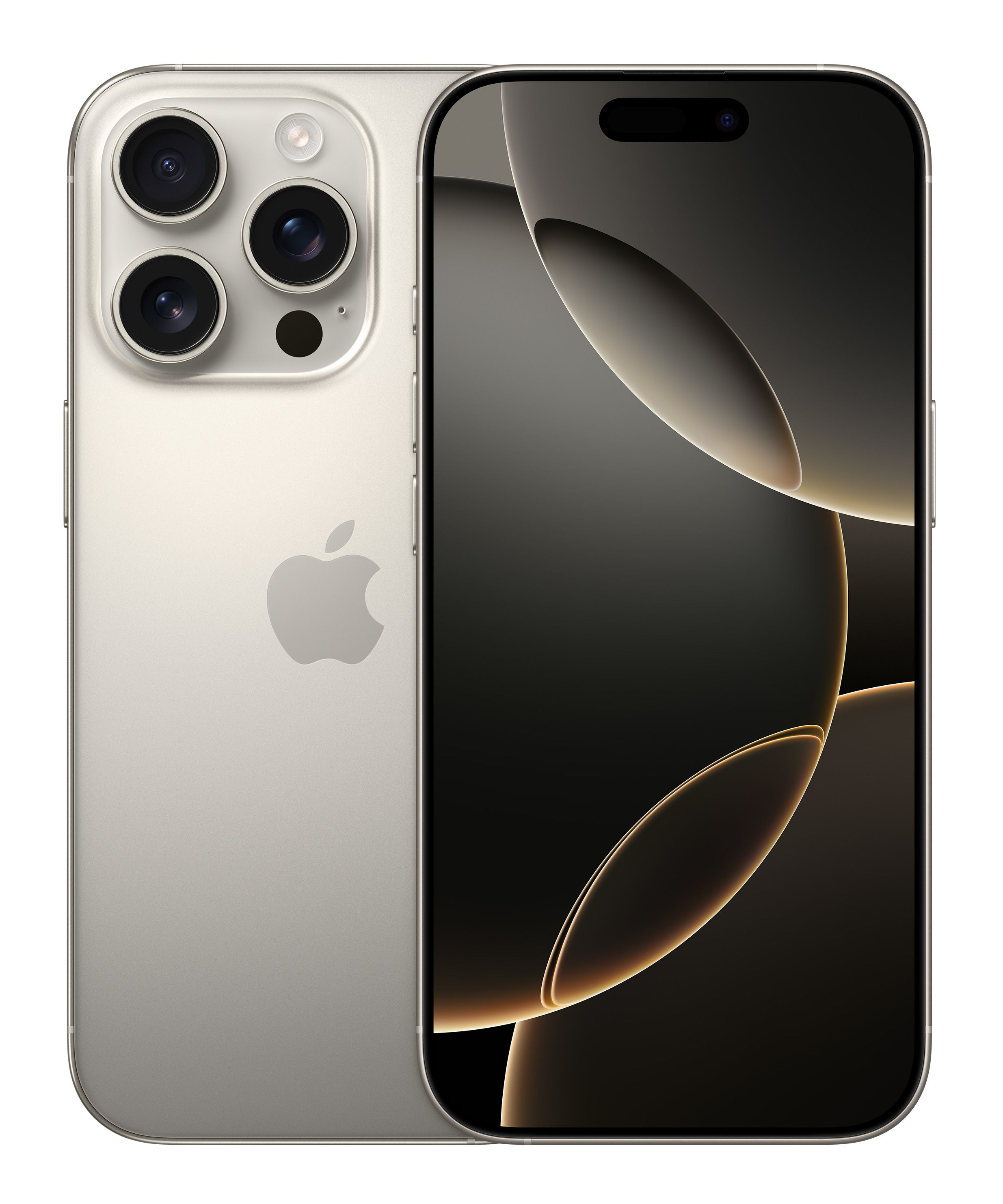 Srebrny smartfon z trzema aparatami, czarnym ekranem i logo Apple.