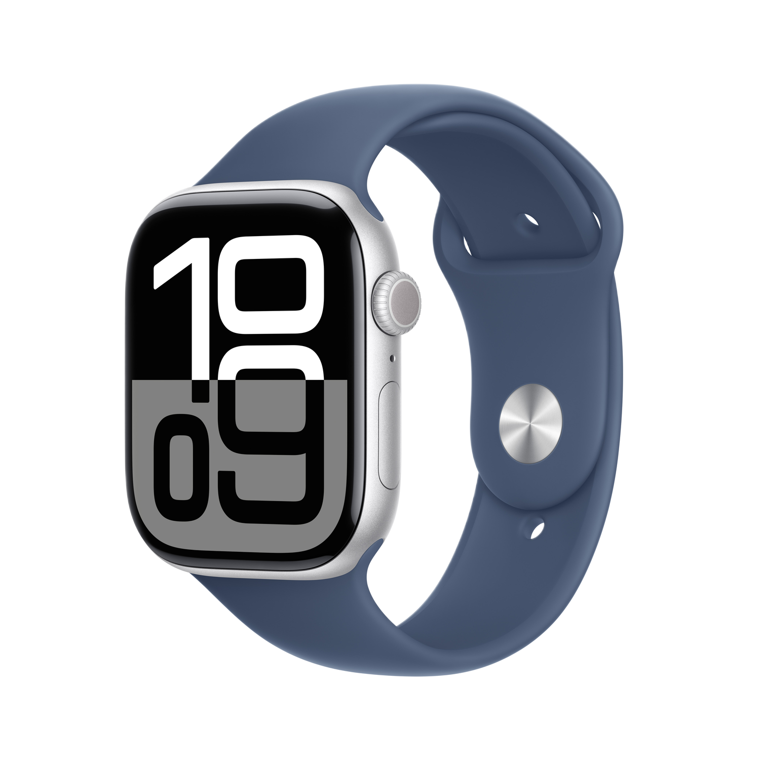 Apple Watch argentée avec bracelet sport bleu, affichant 19:09 à l'écran.