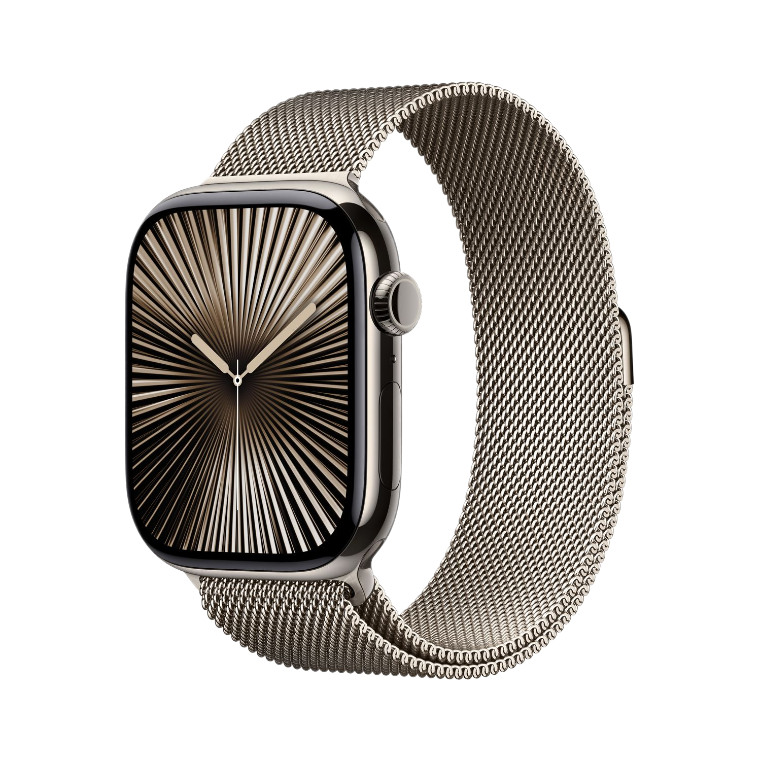 Une Apple Watch argentée avec un bracelet métallique, isolée sur fond noir.