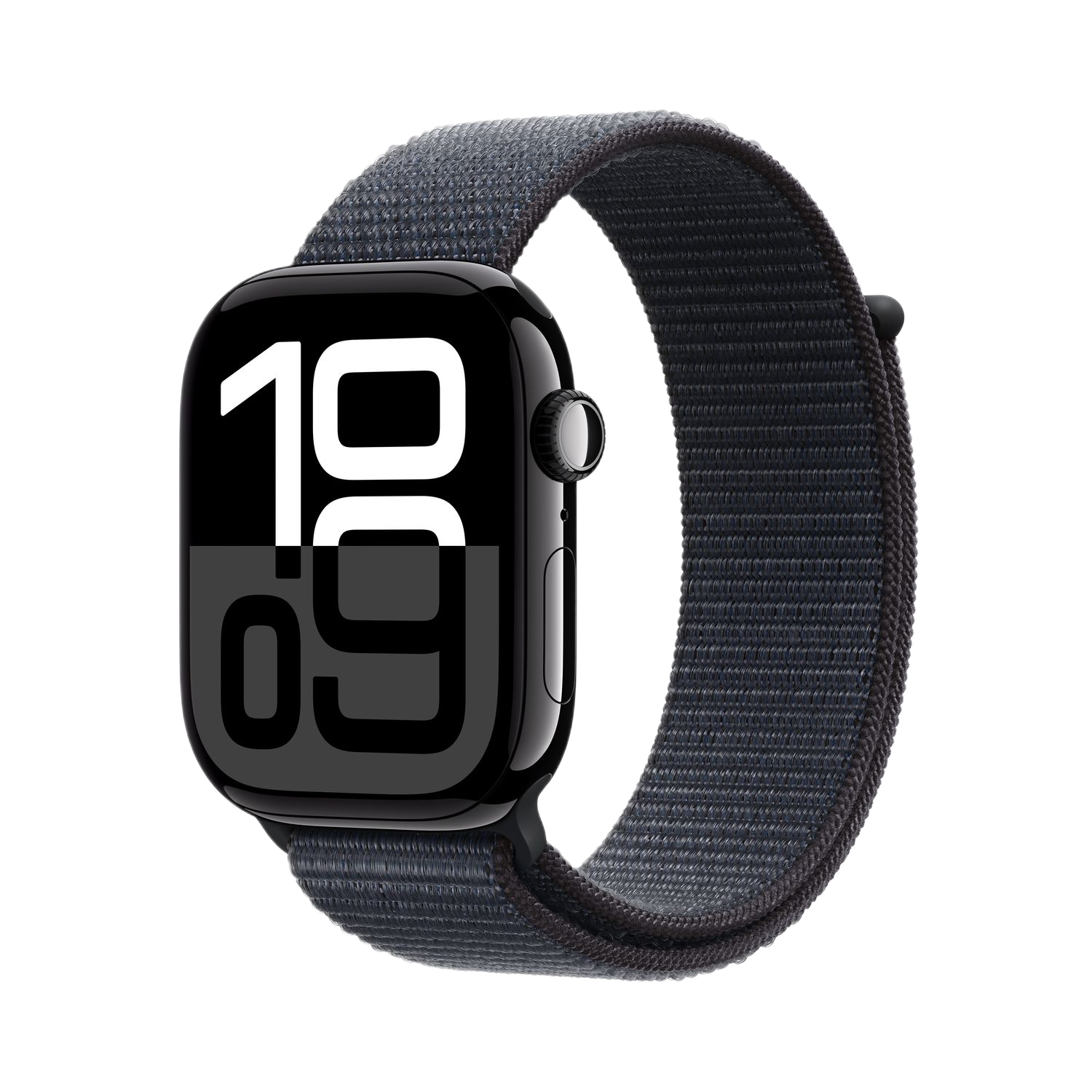 Zwarte Apple Watch met grijze stoffen band, die 10:09 weergeeft. De watch staat op een zwarte achtergrond.