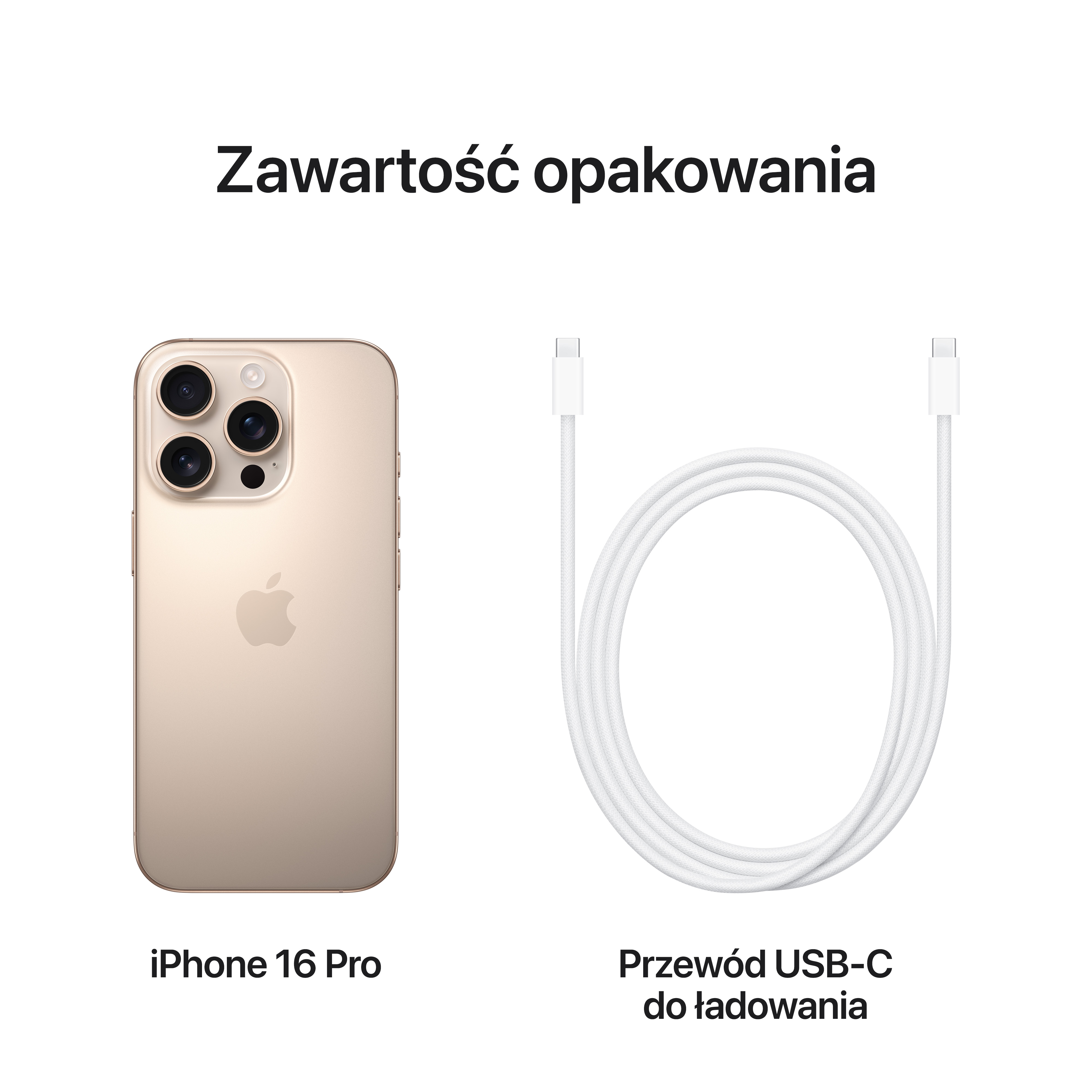 iPhone 16 Pro i kabel ładujący USB-C. Tekst: Zawartość opakowania.