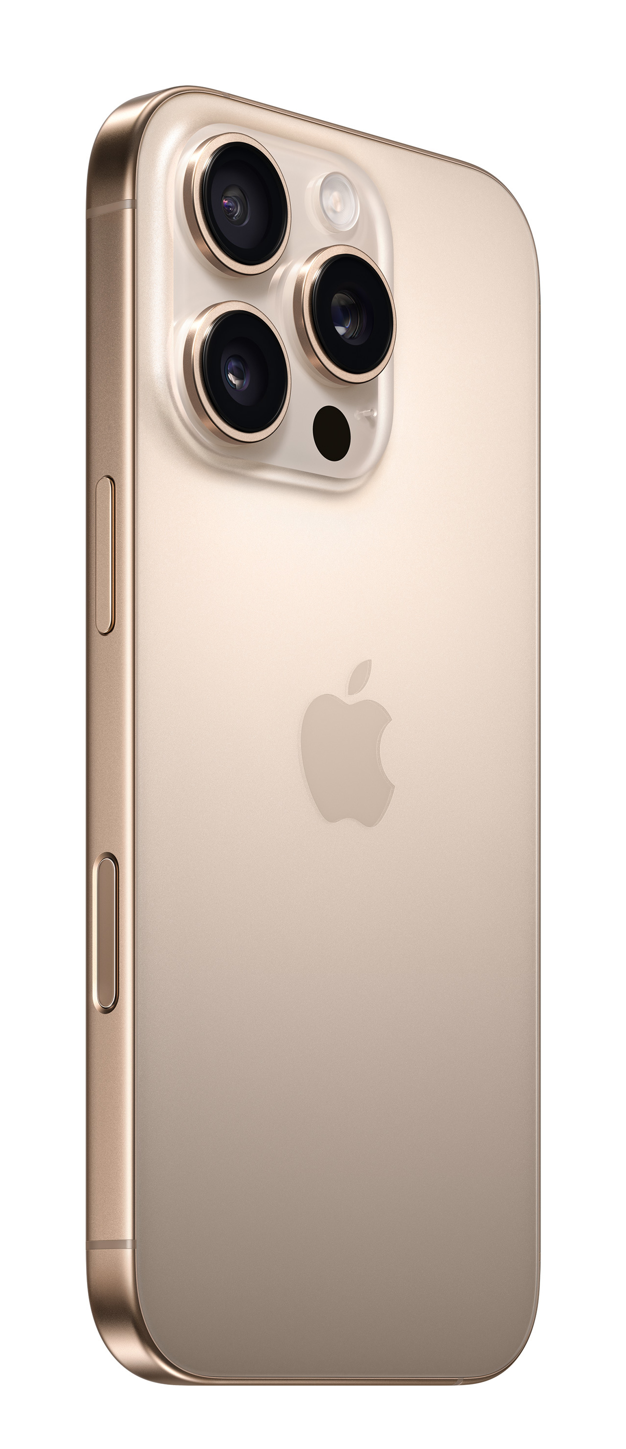Złoty telefon widziany od tyłu z logo Apple i trzema tylnymi aparatami.
