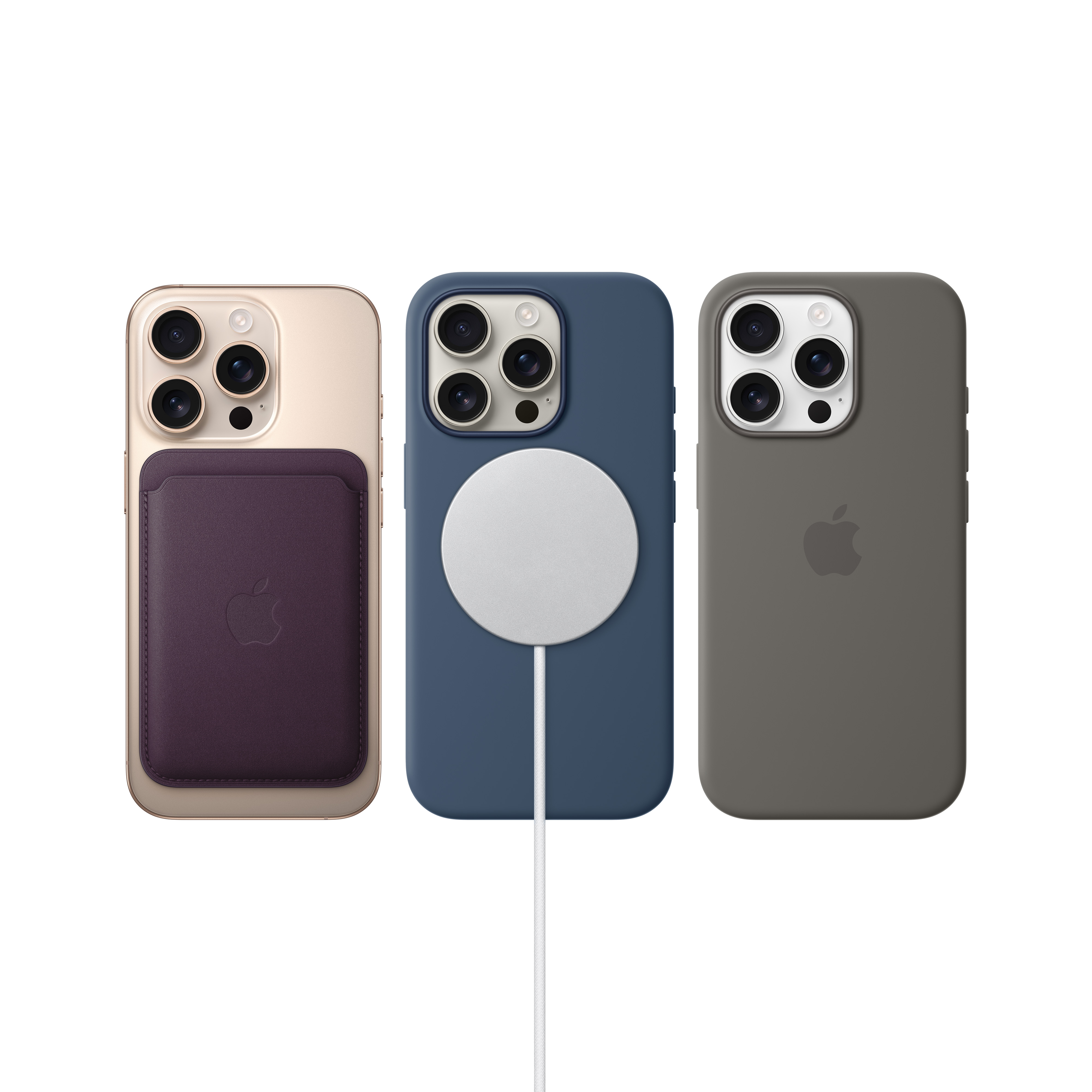 Trzy etui na iPhone z ładowarką MagSafe i iPhone z dołączonym portfelem.