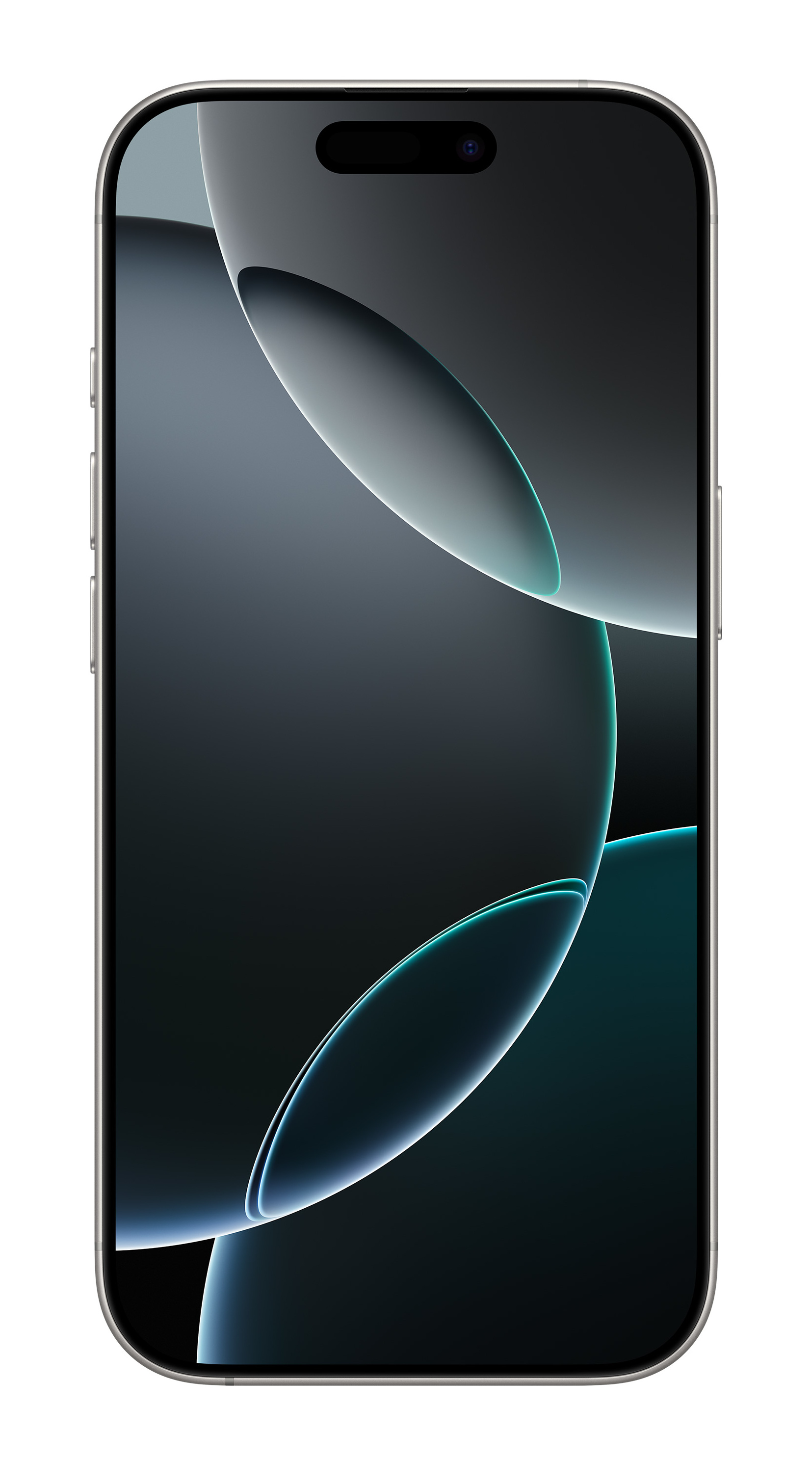 Smartfon na białym tle. Ekran wyświetla ciemny, abstrakcyjny wzór z niebieskimi liniami.