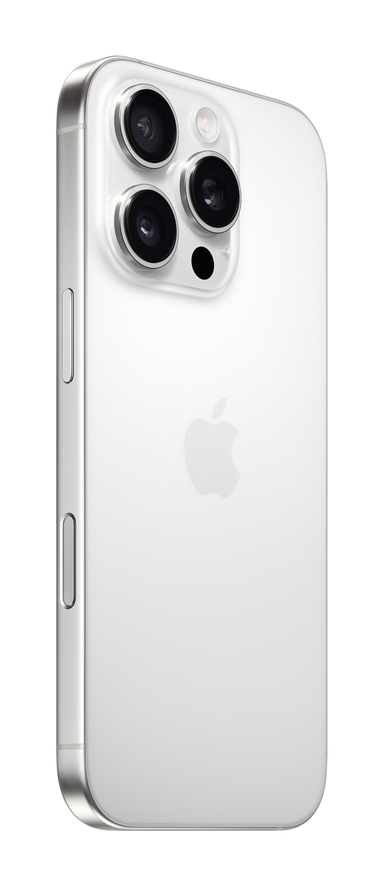 Biały iPhone z trzema aparatami i srebrną ramką jest pokazany z tyłu pod kątem.