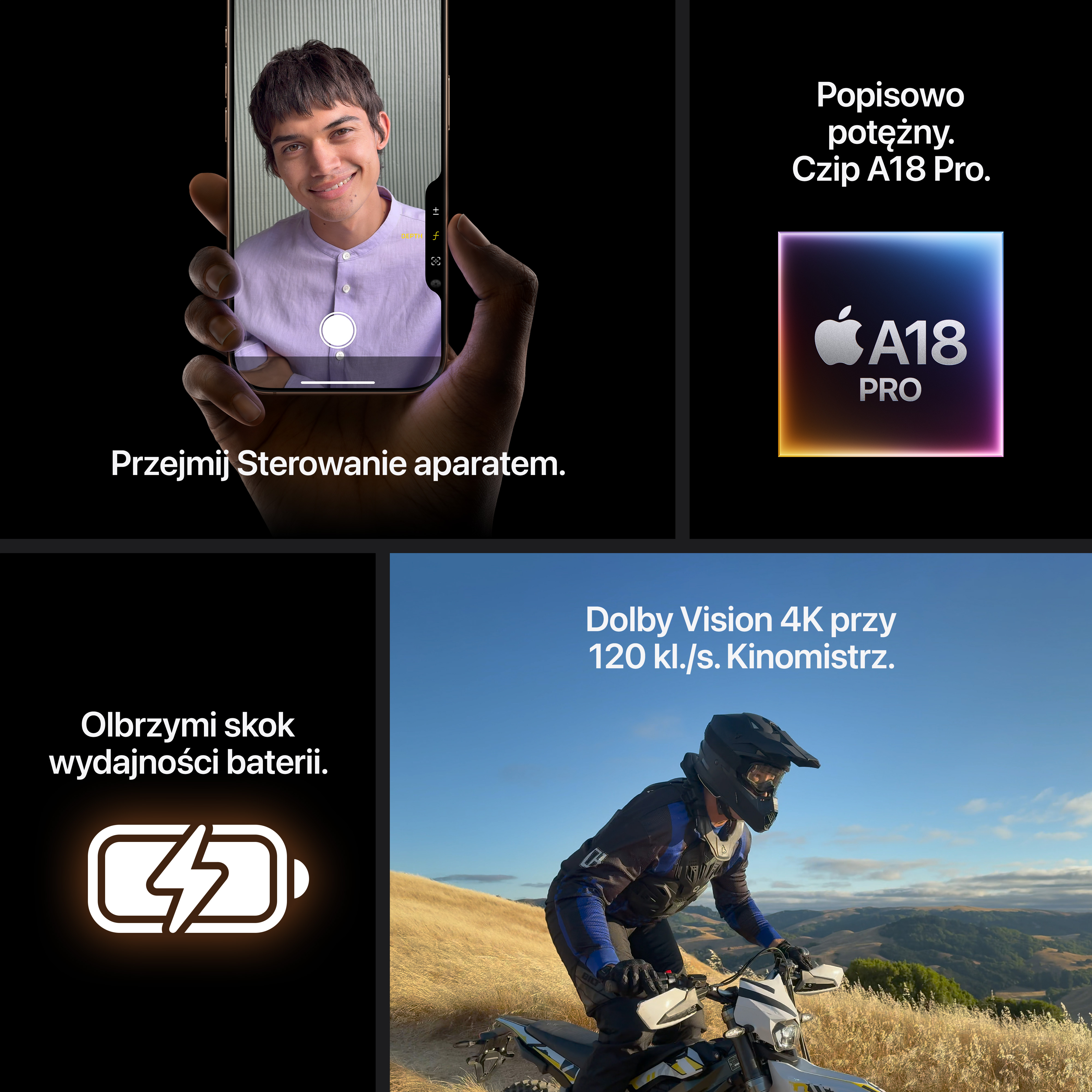 Obraz z funkcjami telefonu: kontrola zdjęć, chip A18 Pro, wydajność baterii i Dolby Vision.