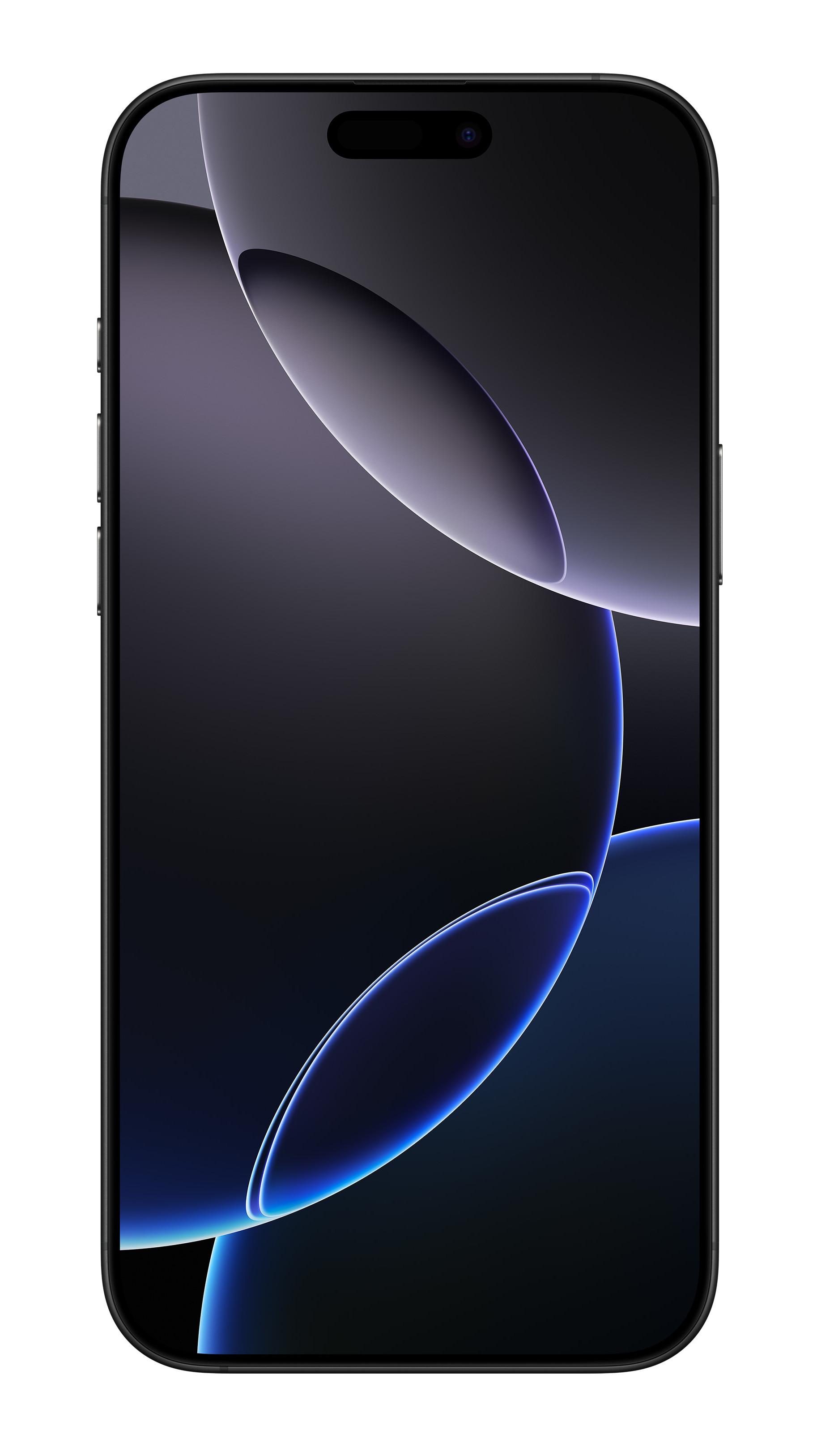 Czarny smartfon z ciemną, abstrakcyjną tapetą z zakrzywionymi liniami. Ekran jest włączony.