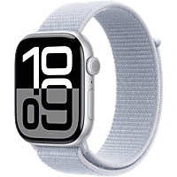 MediaMarkt APPLE Watch Series 10 GPS + Cellular 42mm Blue Cloud Sport Loop Smartwatch Silver aanbieding