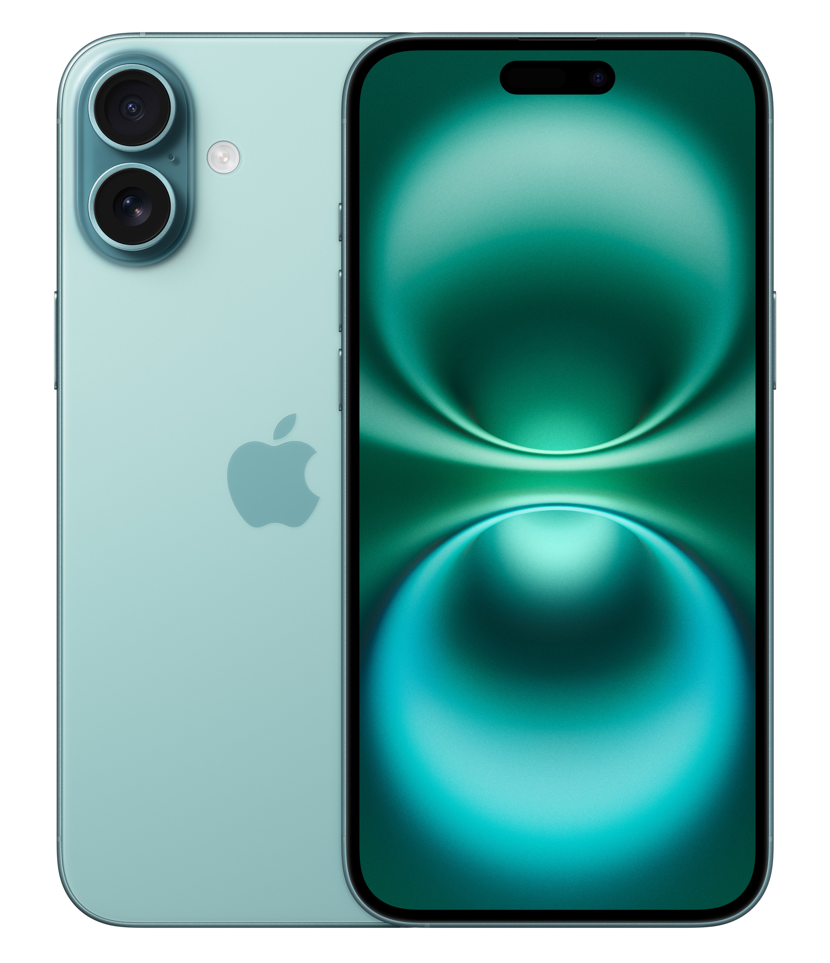 Miętowy zielony telefon pokazuje dwa aparaty i logo Apple. Ekran wyświetla zielony gradient.