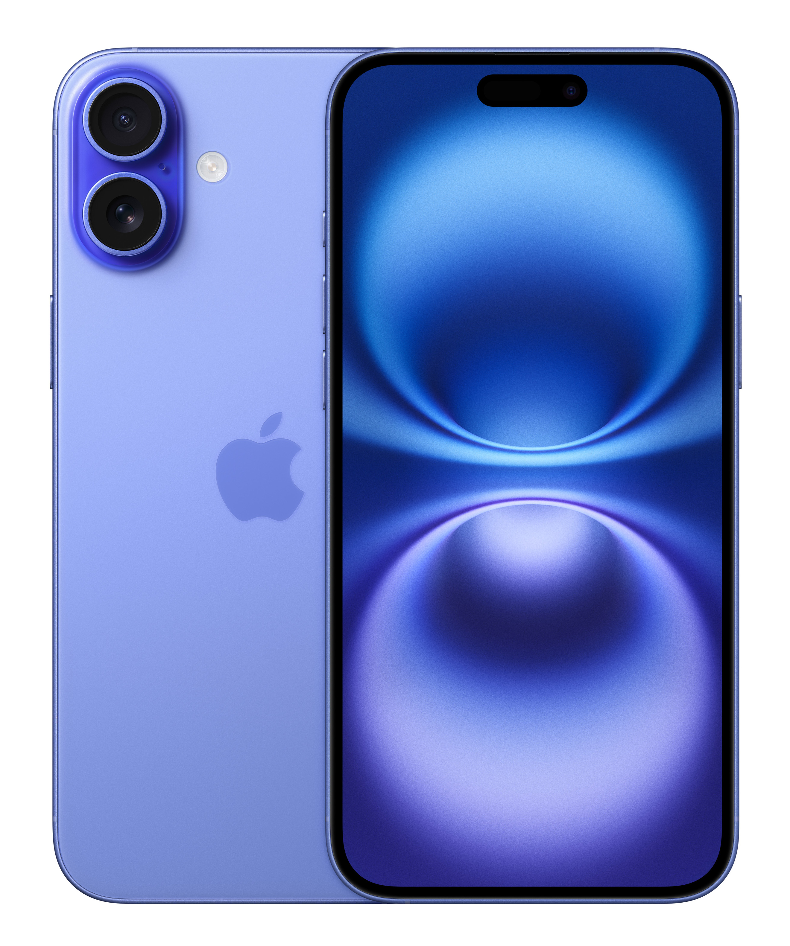 Fioletowy smartfon z dwoma aparatami, czarnym ekranem i logo Apple.