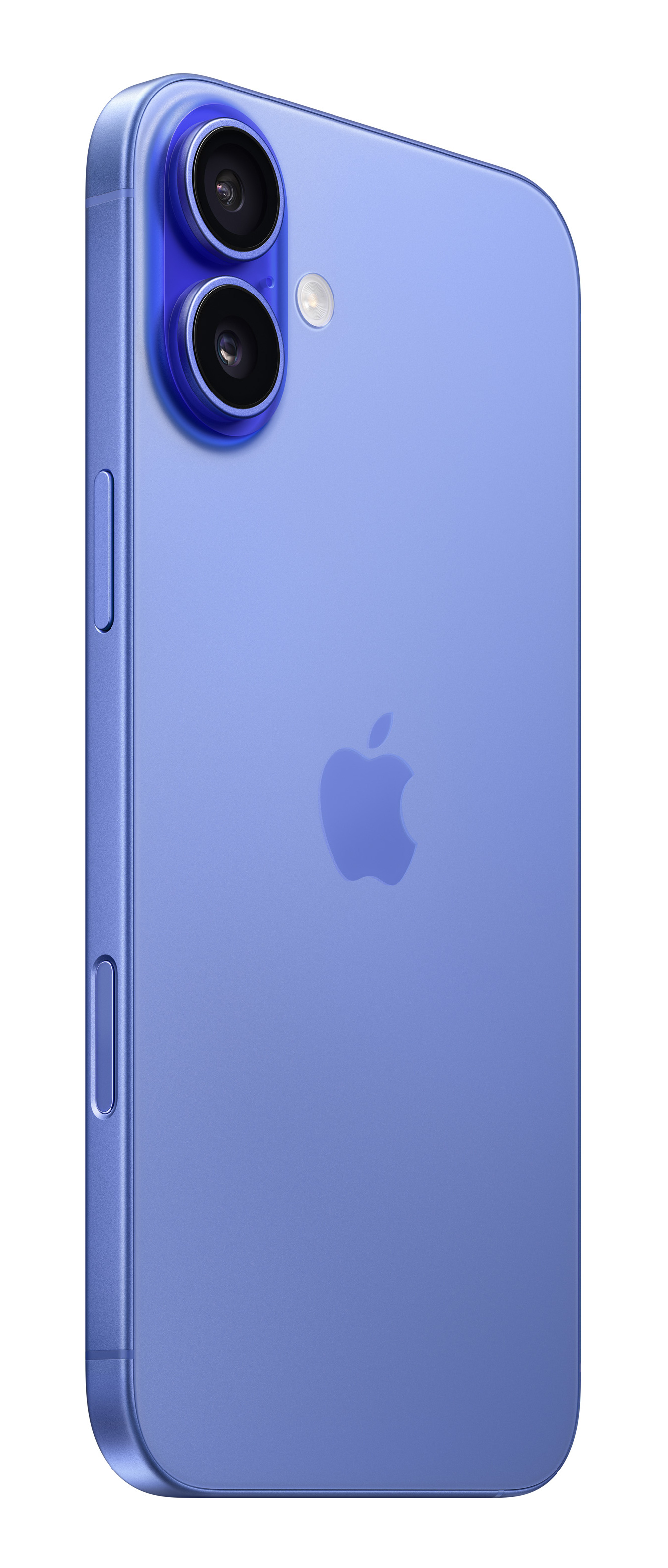 Niebieski iPhone 14 Pro na białym tle. Telefon jest ustawiony pod kątem, aby pokazać tylne kamery.