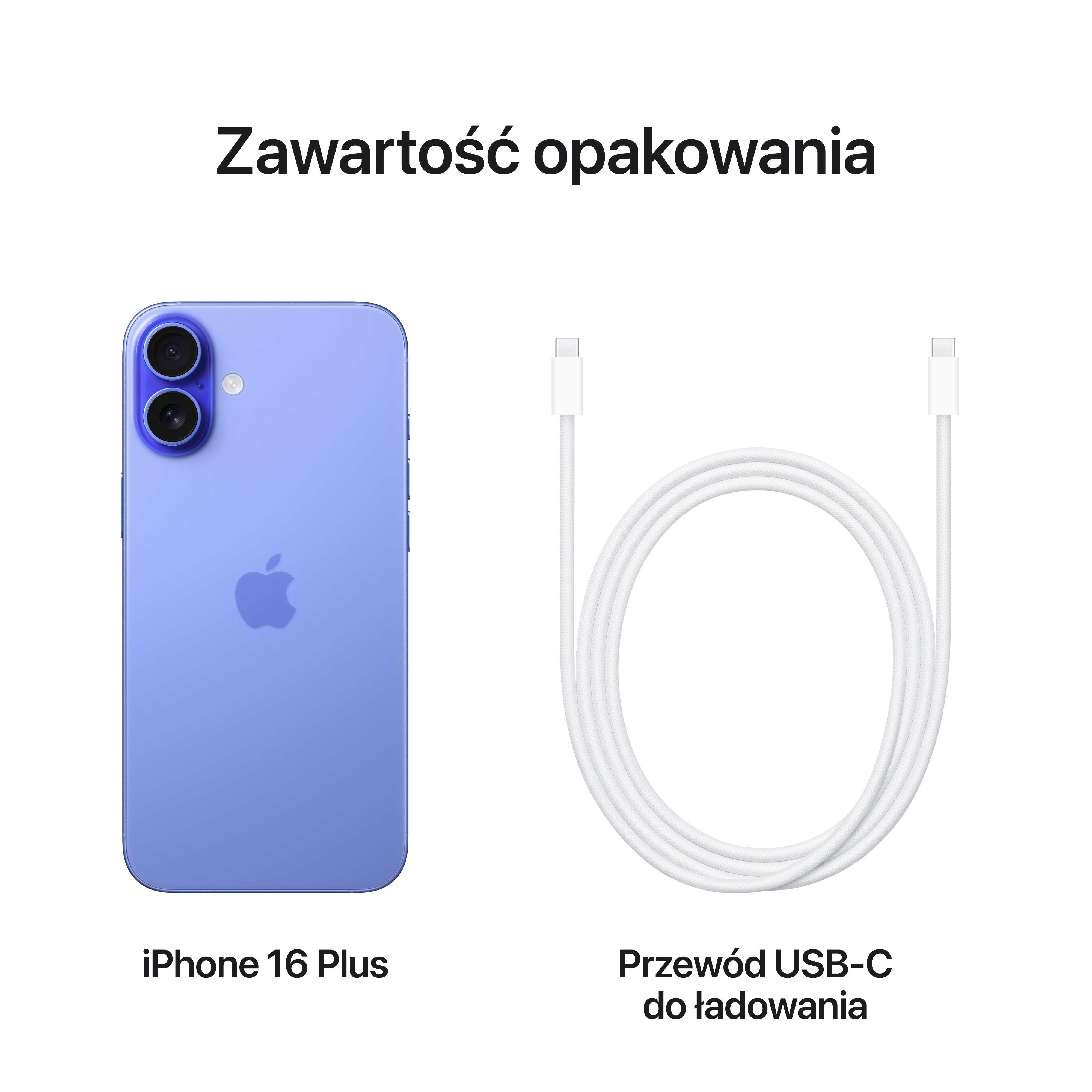 Fioletowy iPhone 16 Plus z dwoma aparatami i białym kablem do ładowania USB-C na białym tle.