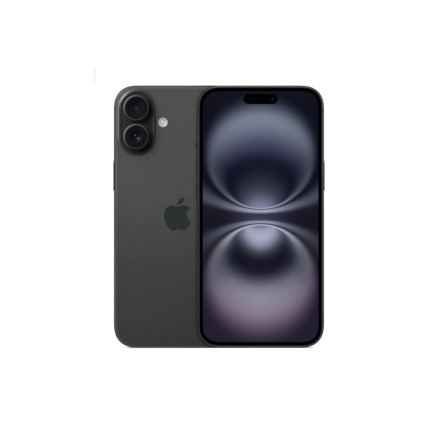 iPhone gris oscuro con dos cámaras traseras y un logotipo de Apple. La pantalla muestra un degradado oscuro.
