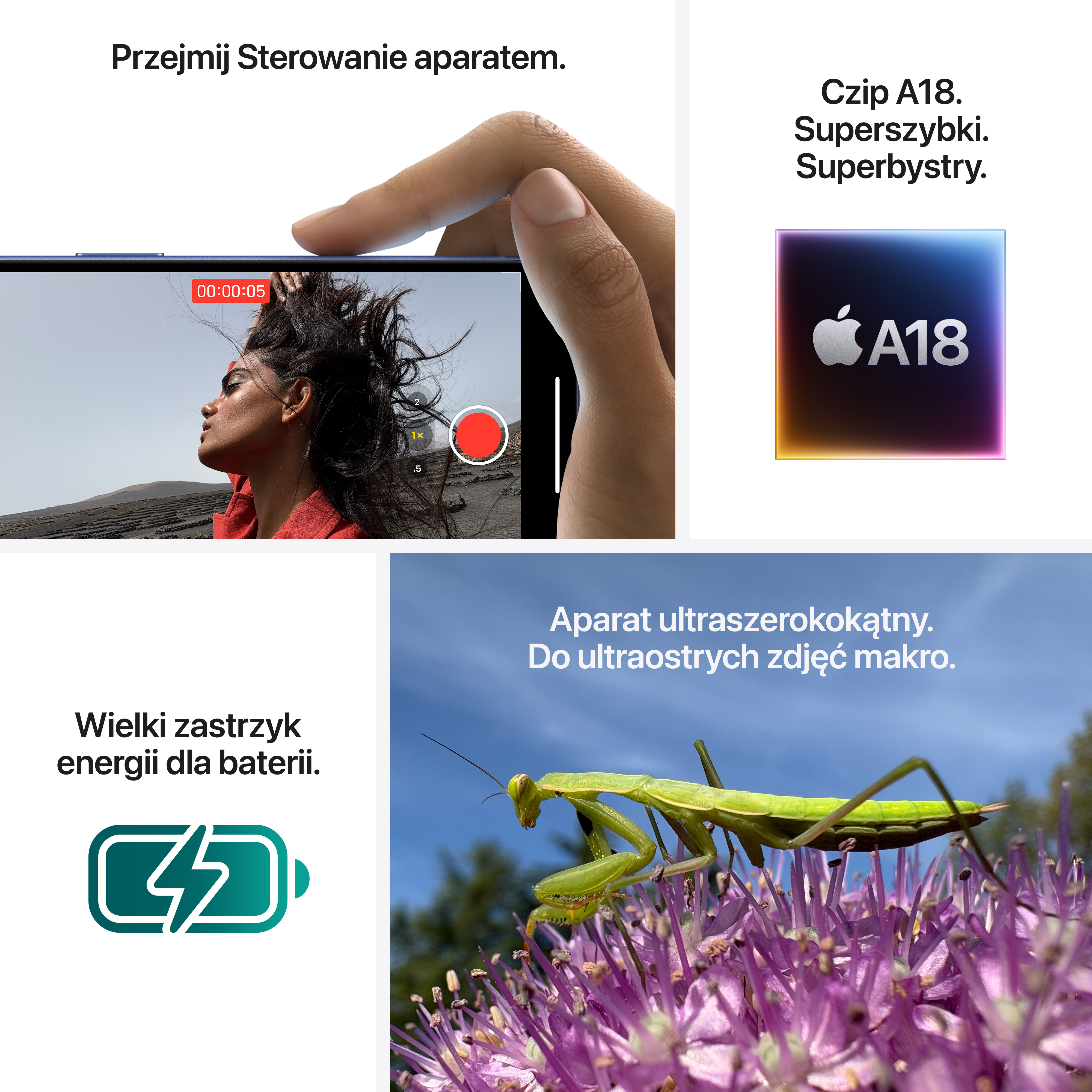 Kobieta używa aparatu w telefonie, tekst, obraz chipa A18 i ikona baterii.