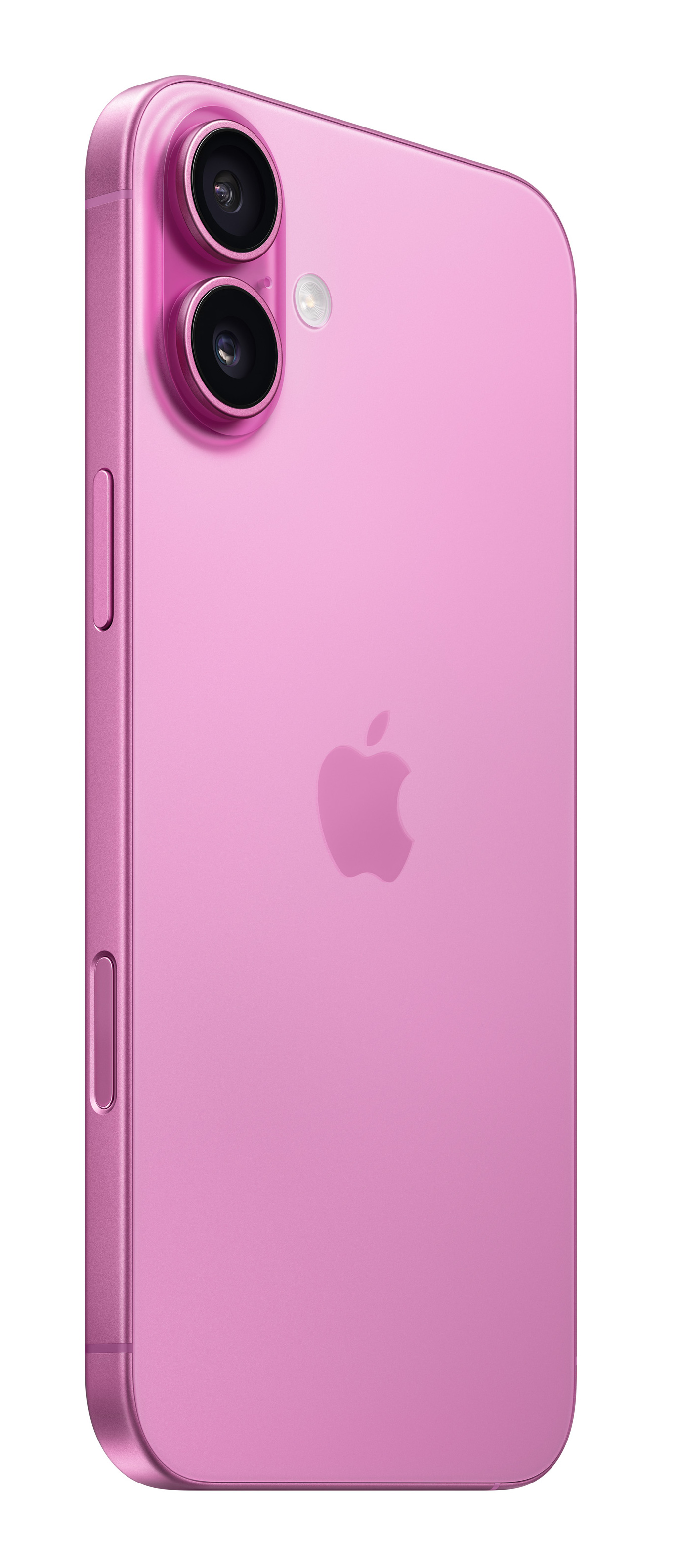 Różowy smartfon, widok z tyłu. Różowy kolor, podwójny aparat, logo Apple. Białe tło.