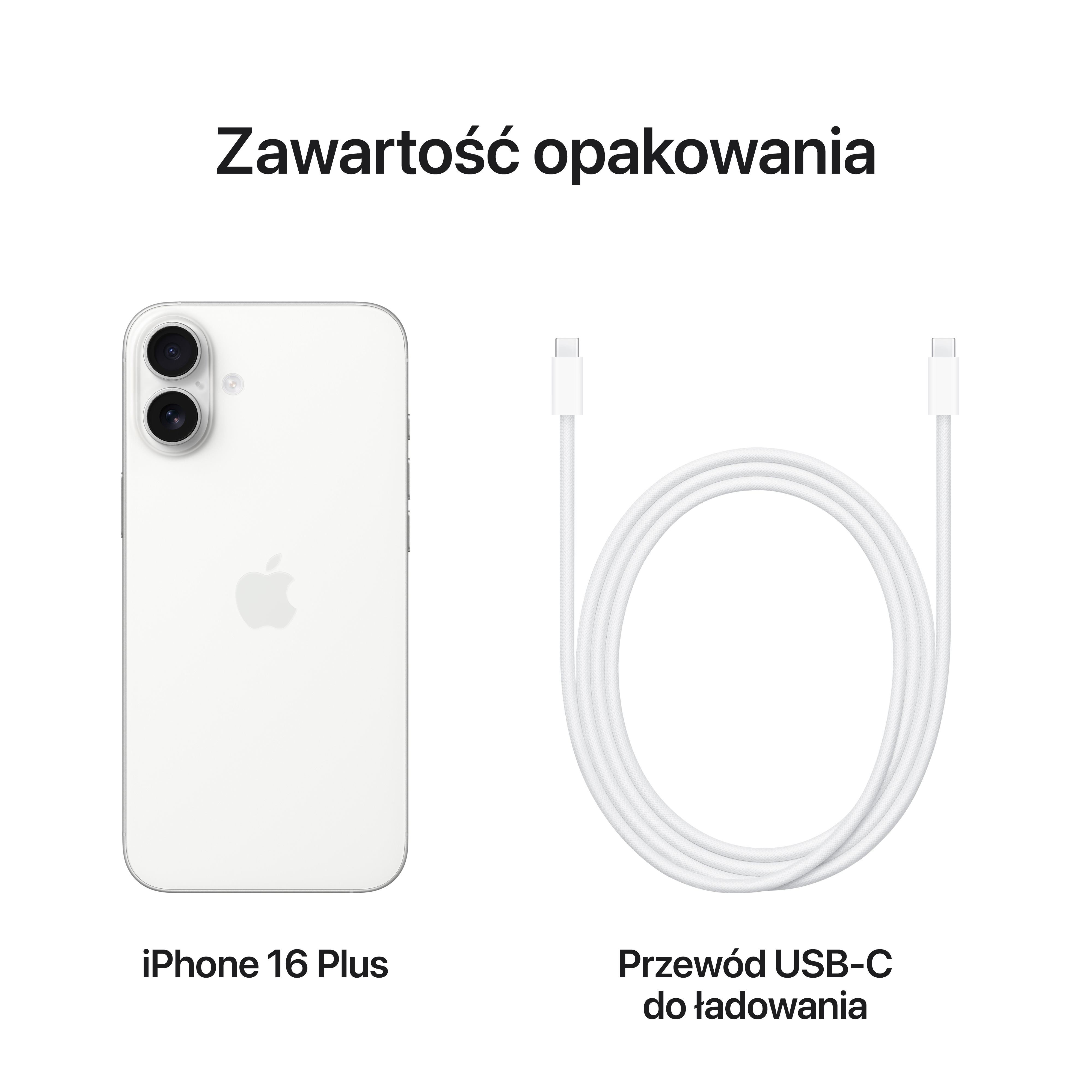 iPhone 16 Plus i biały kabel ładujący USB-C, oba na białym tle.
