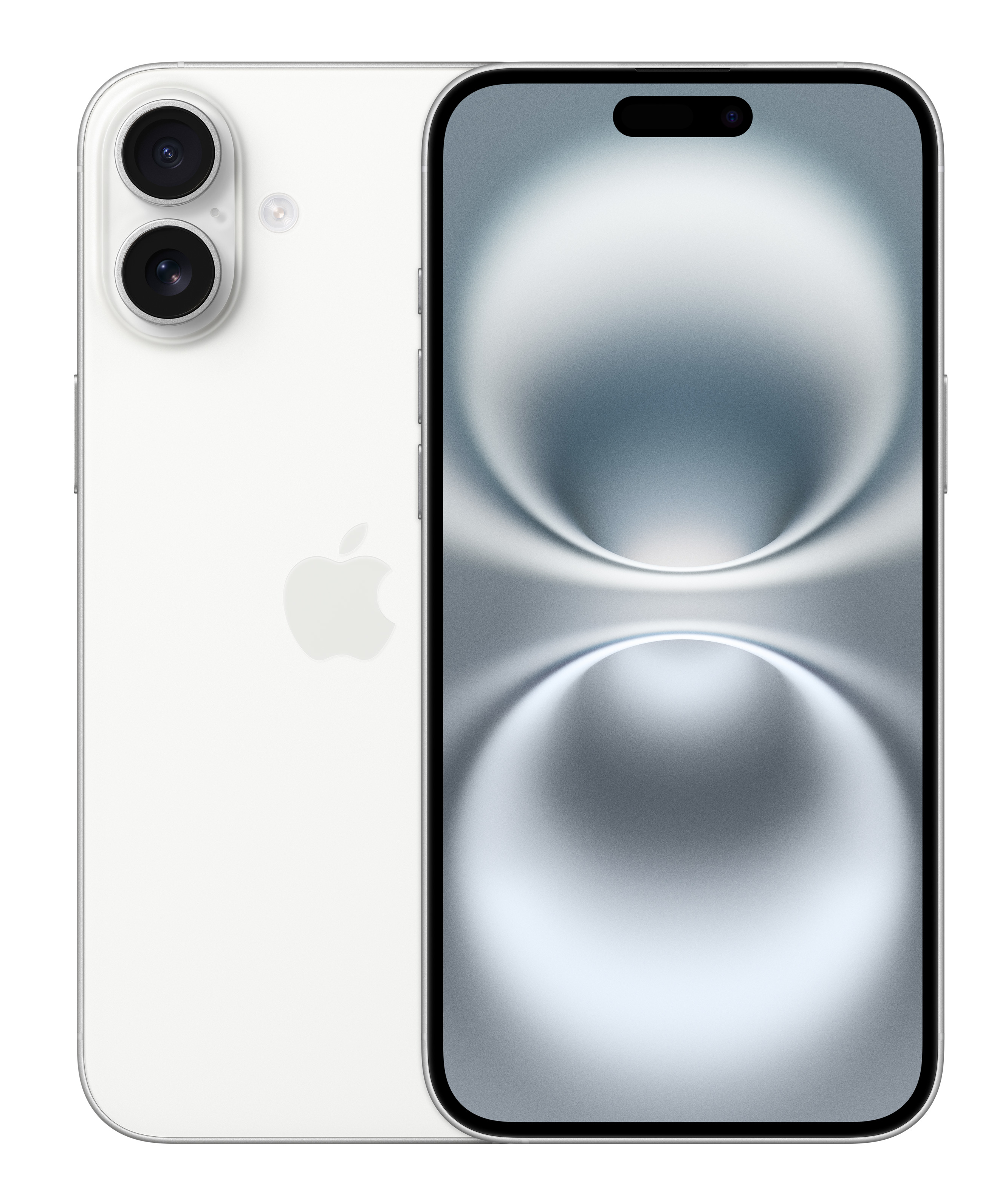 Biały iPhone z dwoma tylnymi aparatami i logo Apple. Ekran wyświetla jasnoszary gradient.