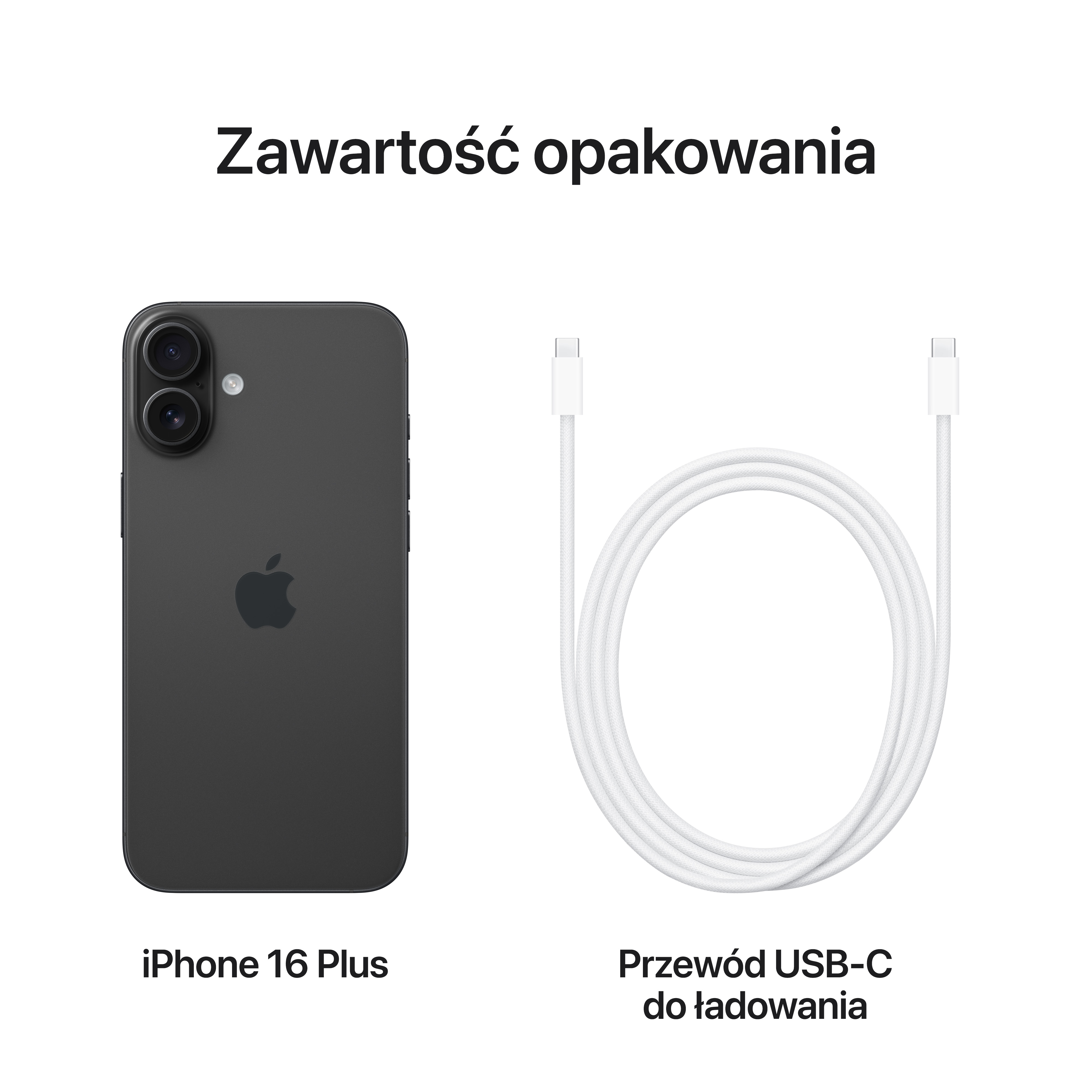 Czarny iPhone i kabel USB-C na białym tle. Tekst: iPhone 16 Plus i kabel USB-C.
