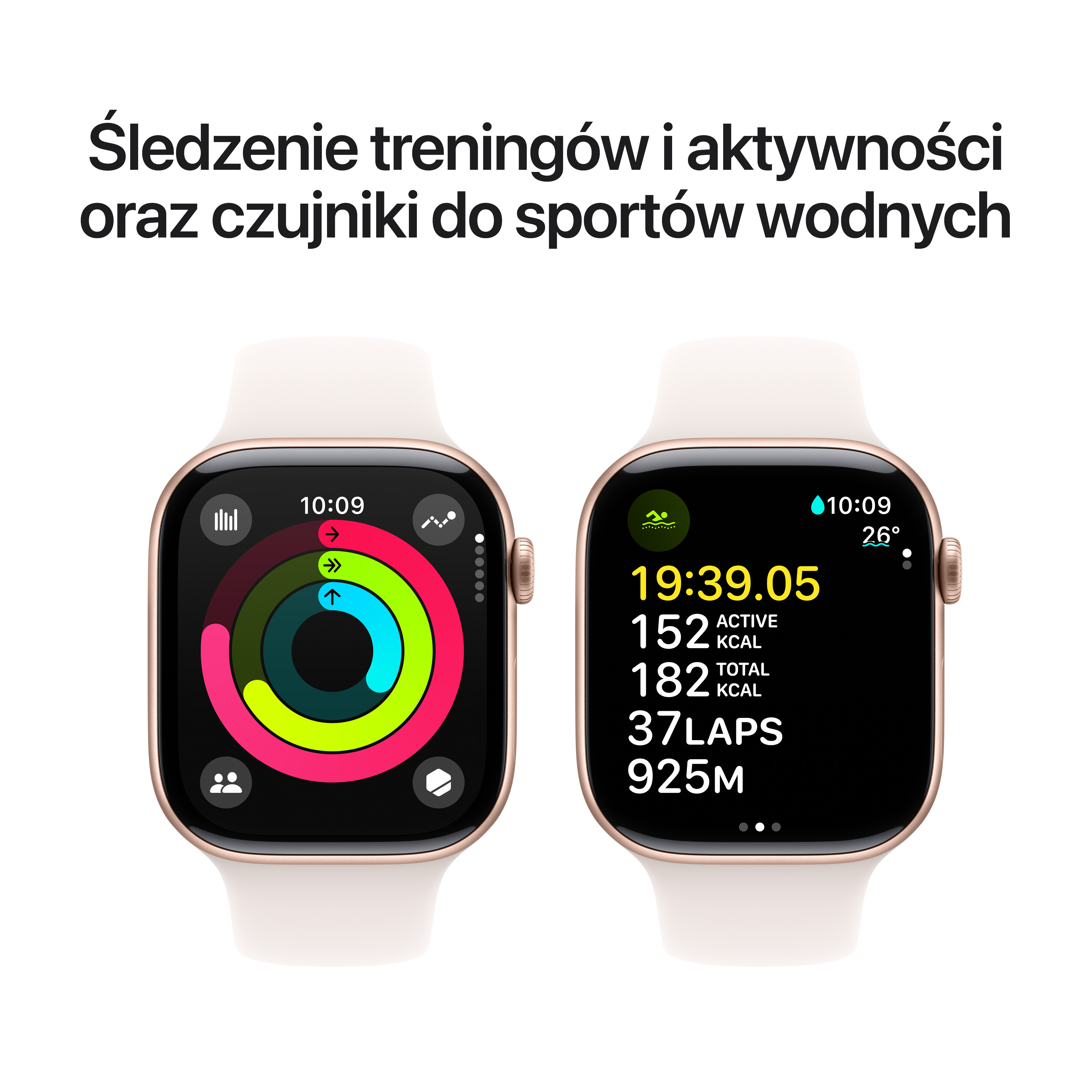 Dwa smartwatche wyświetlające dane fitness i informacje o śledzeniu aktywności.