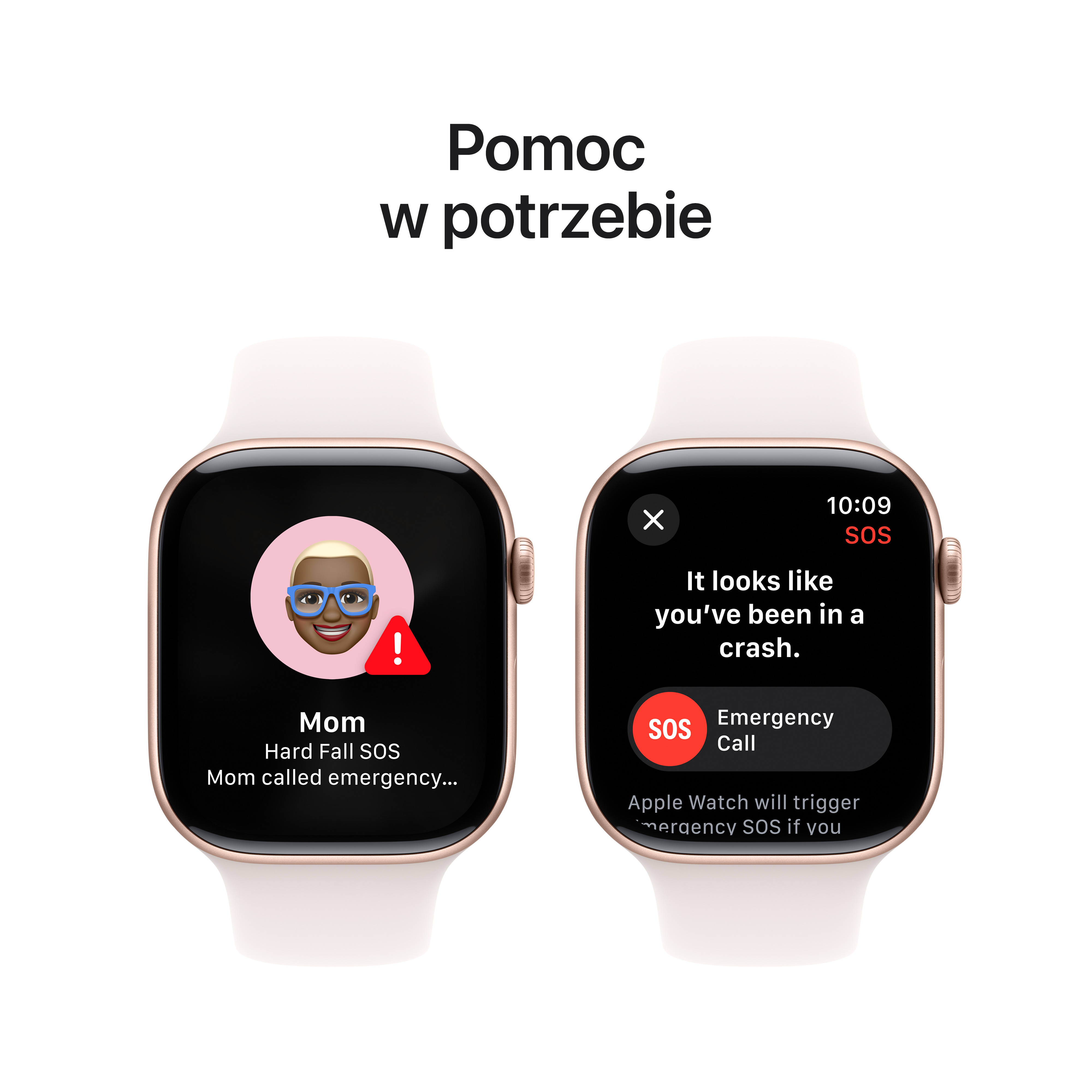 Dwa Apple Watch wyświetlają wiadomości SOS. Jeden pokazuje wypadek, drugi upadek, z opcjami połączenia alarmowego.