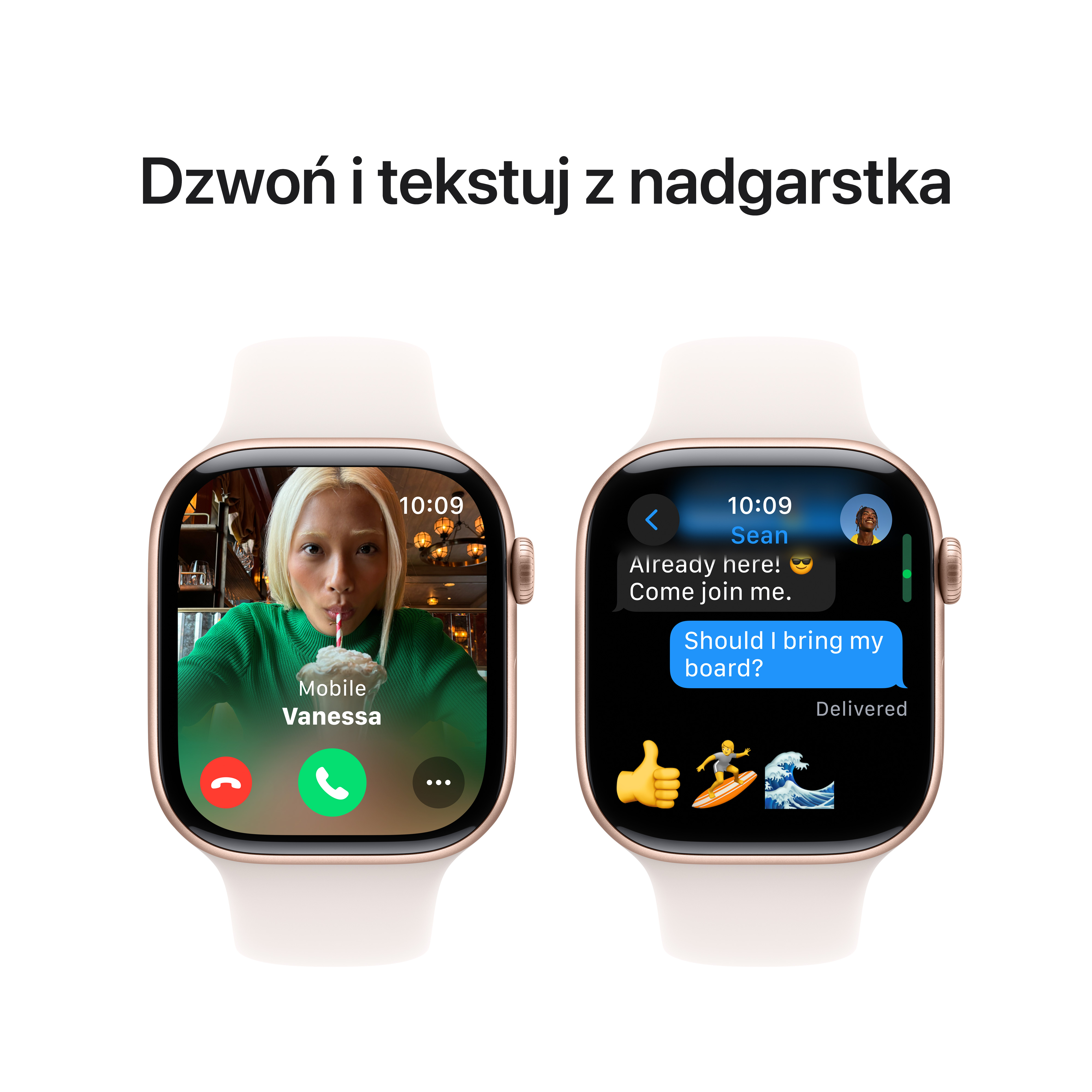 Smartwatch pokazujący rozmowę wideo i konwersację tekstową na białym tle.