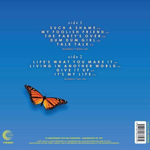Dos d'album bleu avec liste des titres et un papillon.