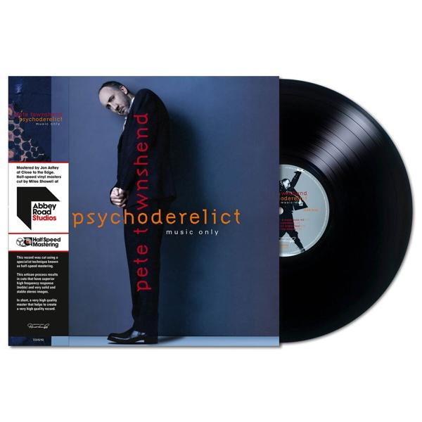 Albumhoes voor 'Psychoderelict' van Pete Townshend. Toont een man in pak en een vinylplaat.