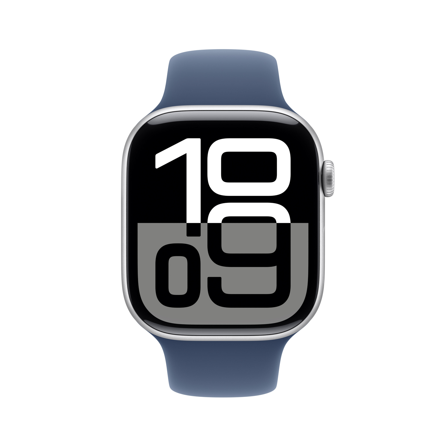 Un Apple Watch blu con schermo nero che mostra ora e data.