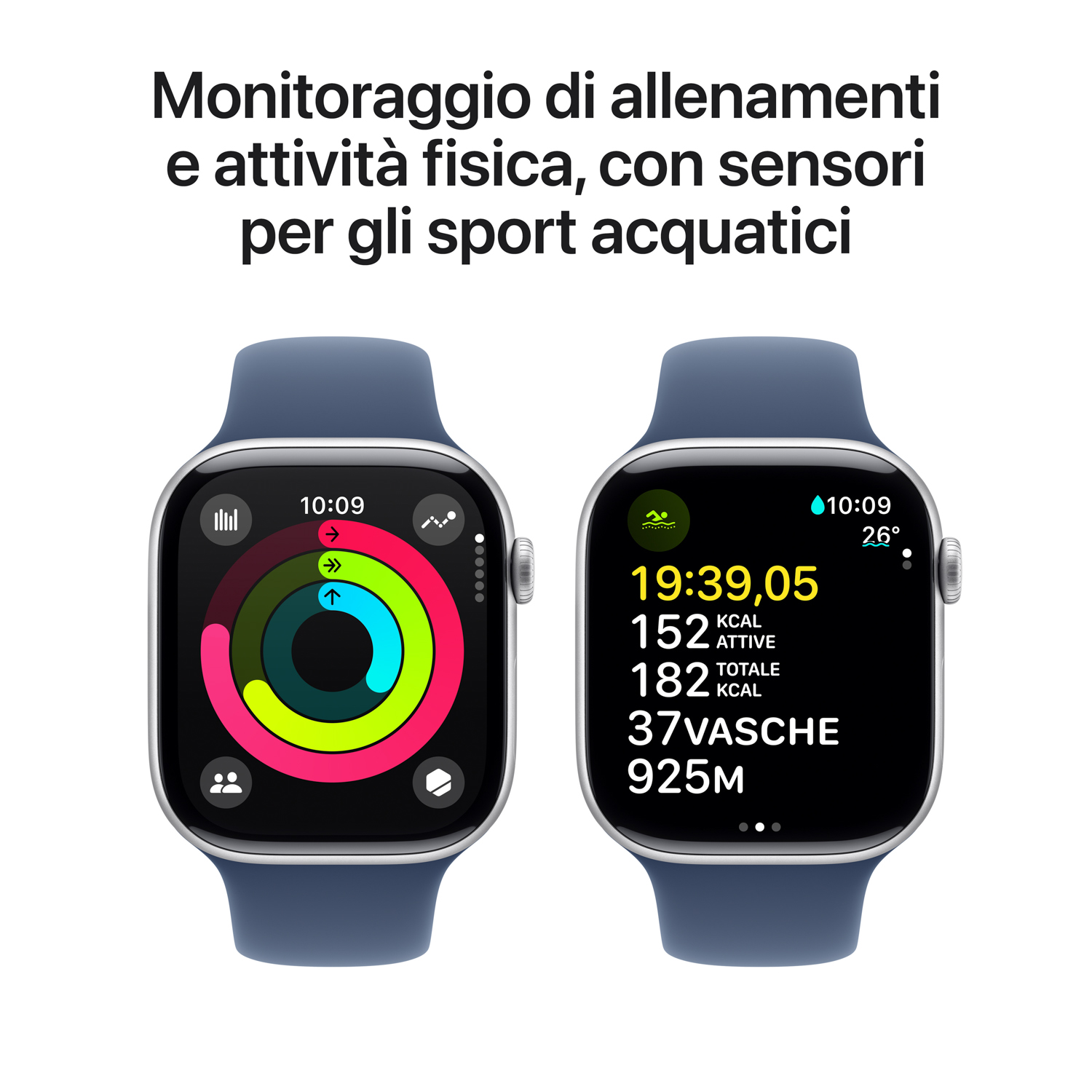 Due smartwatch, mostrano dati allenamento con metriche e cinturino blu.