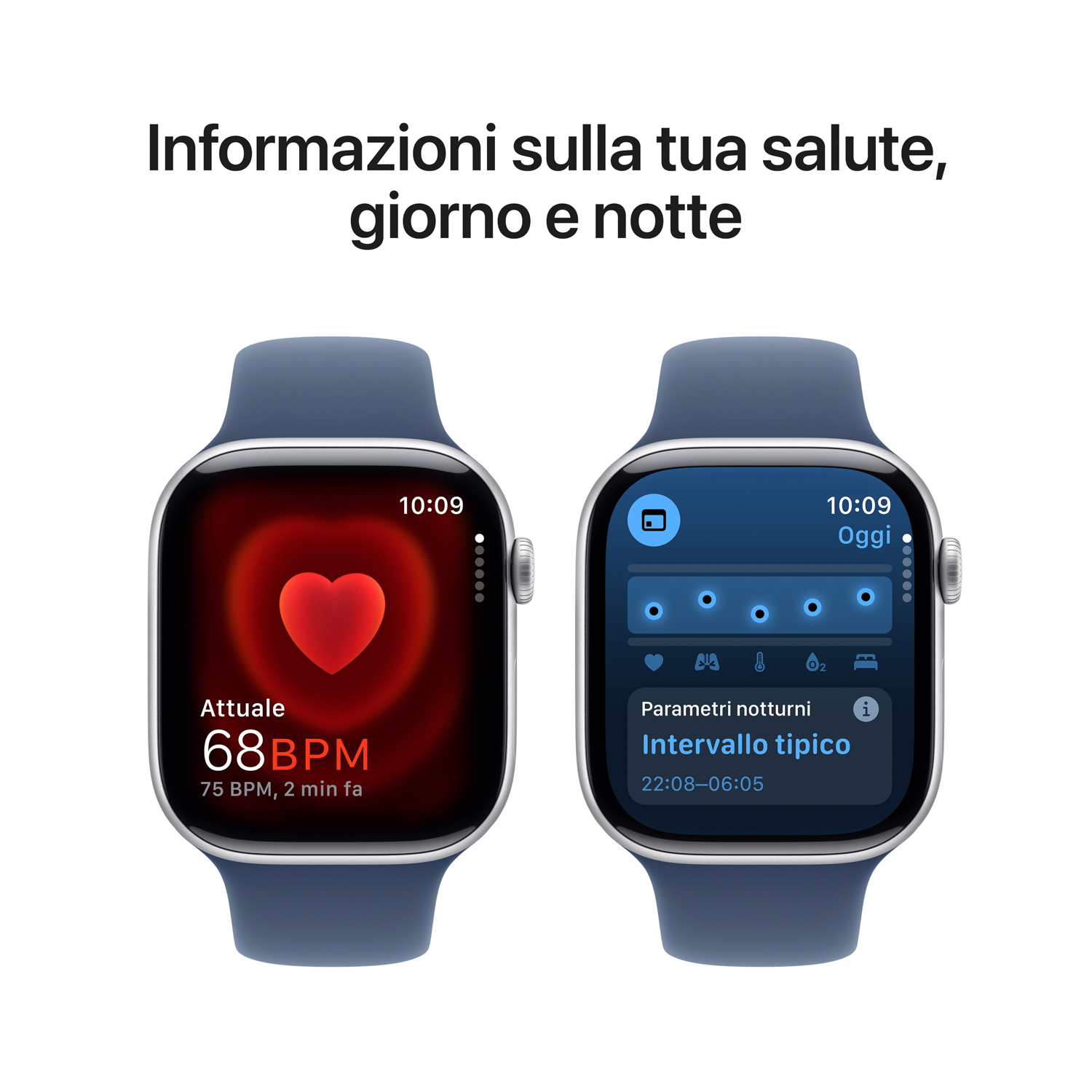 Due Apple Watch che mostrano dati sanitari: frequenza cardiaca e parametri di attività.