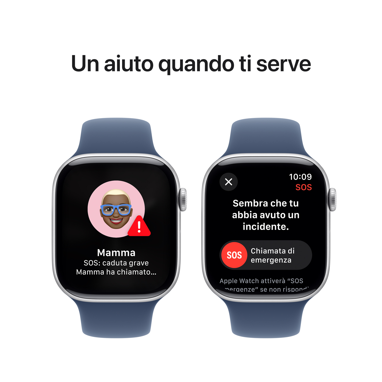 Due Apple Watch mostrano le funzioni SOS di emergenza. Uno mostra una chiamata dalla mamma, l'altro SOS emergenza.