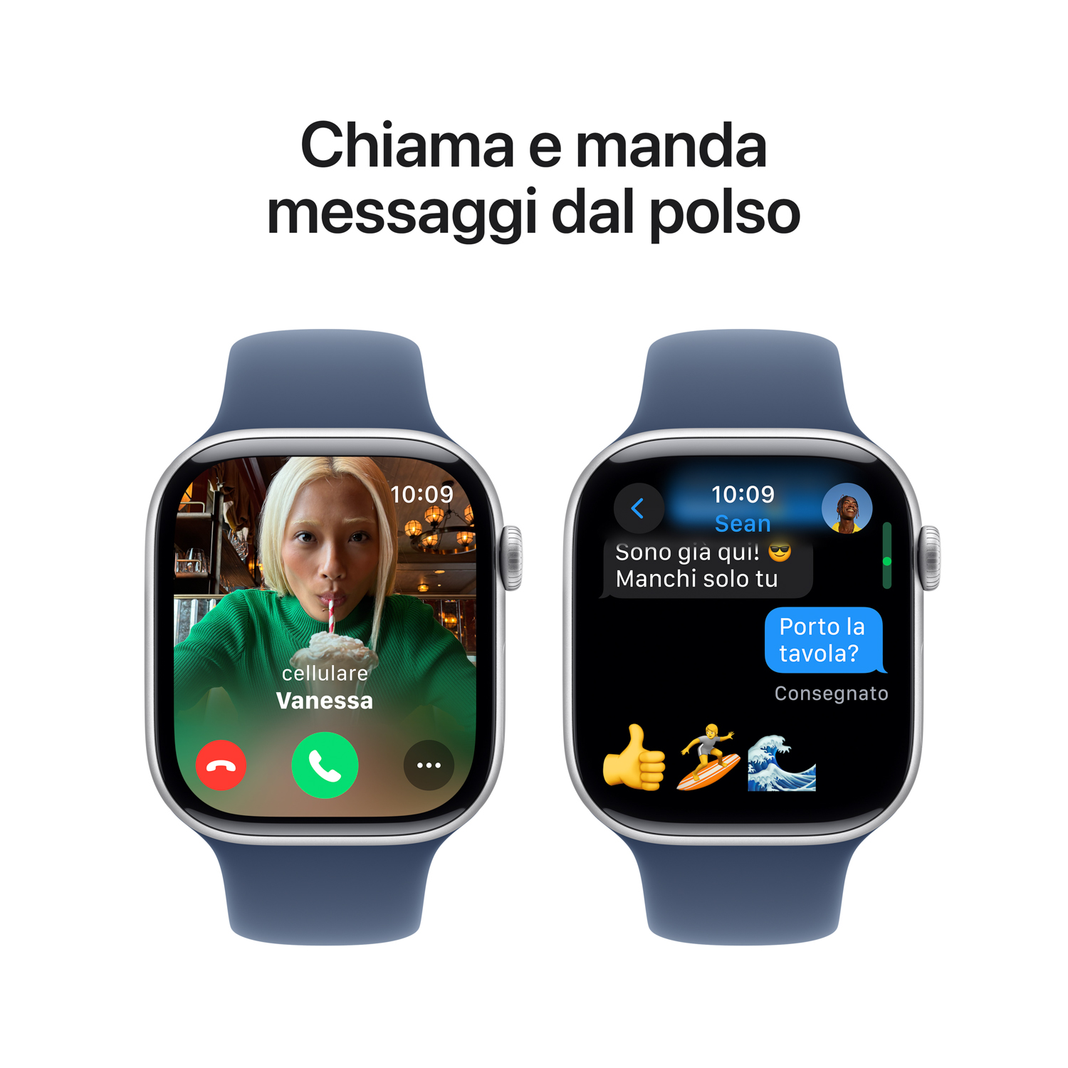 Due Apple Watch che mostrano una videochiamata e un messaggio. Lo sfondo è bianco.