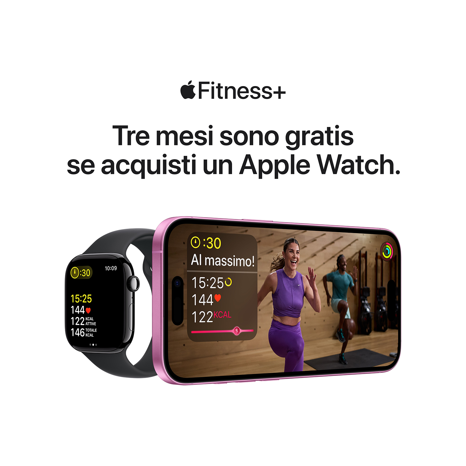 Apple Watch e iPhone con schermo allenamento Fitness+, testo sovrapposto.