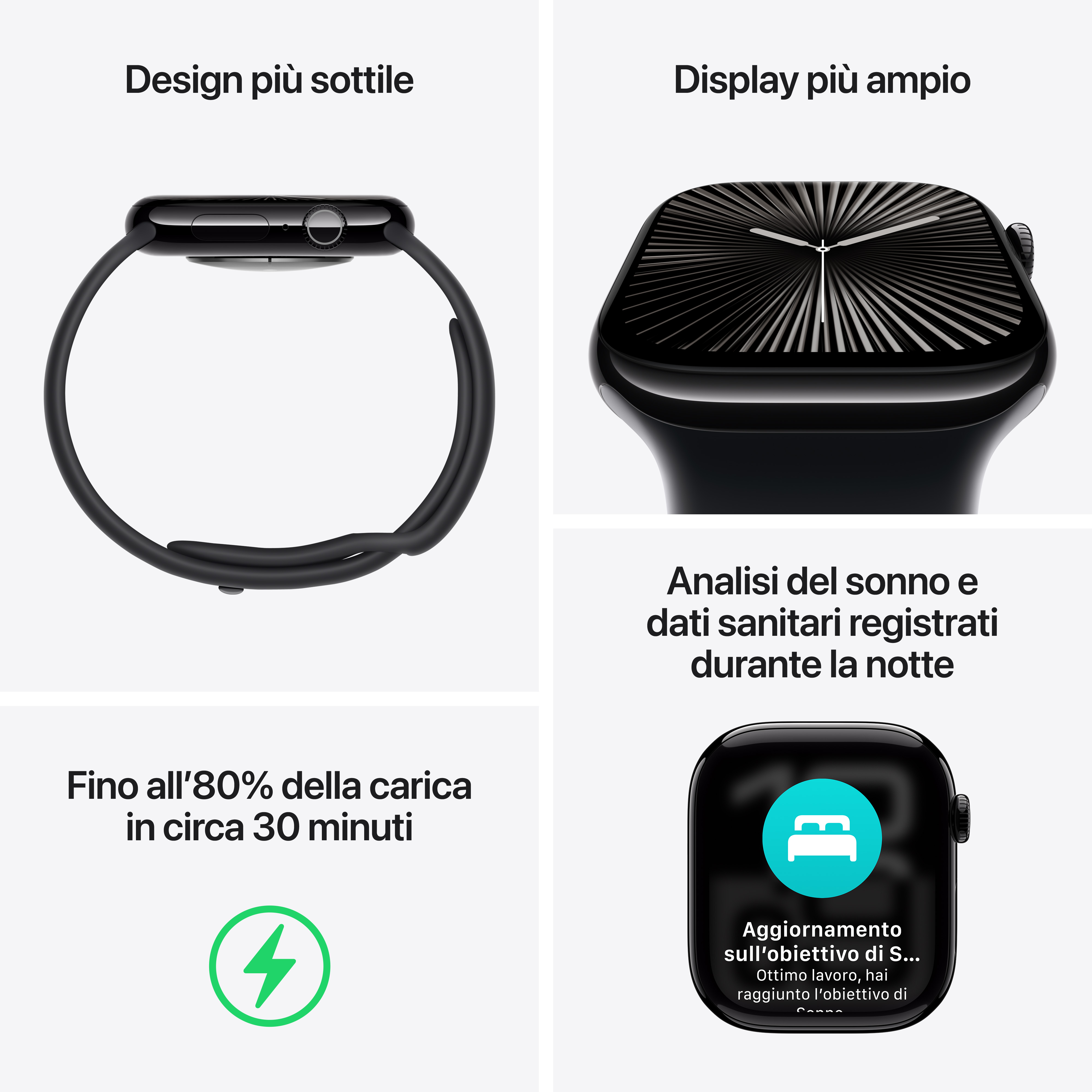 Primi piani di un Apple Watch che mostrano dettagli di design e funzionalità. Display e ricarica.