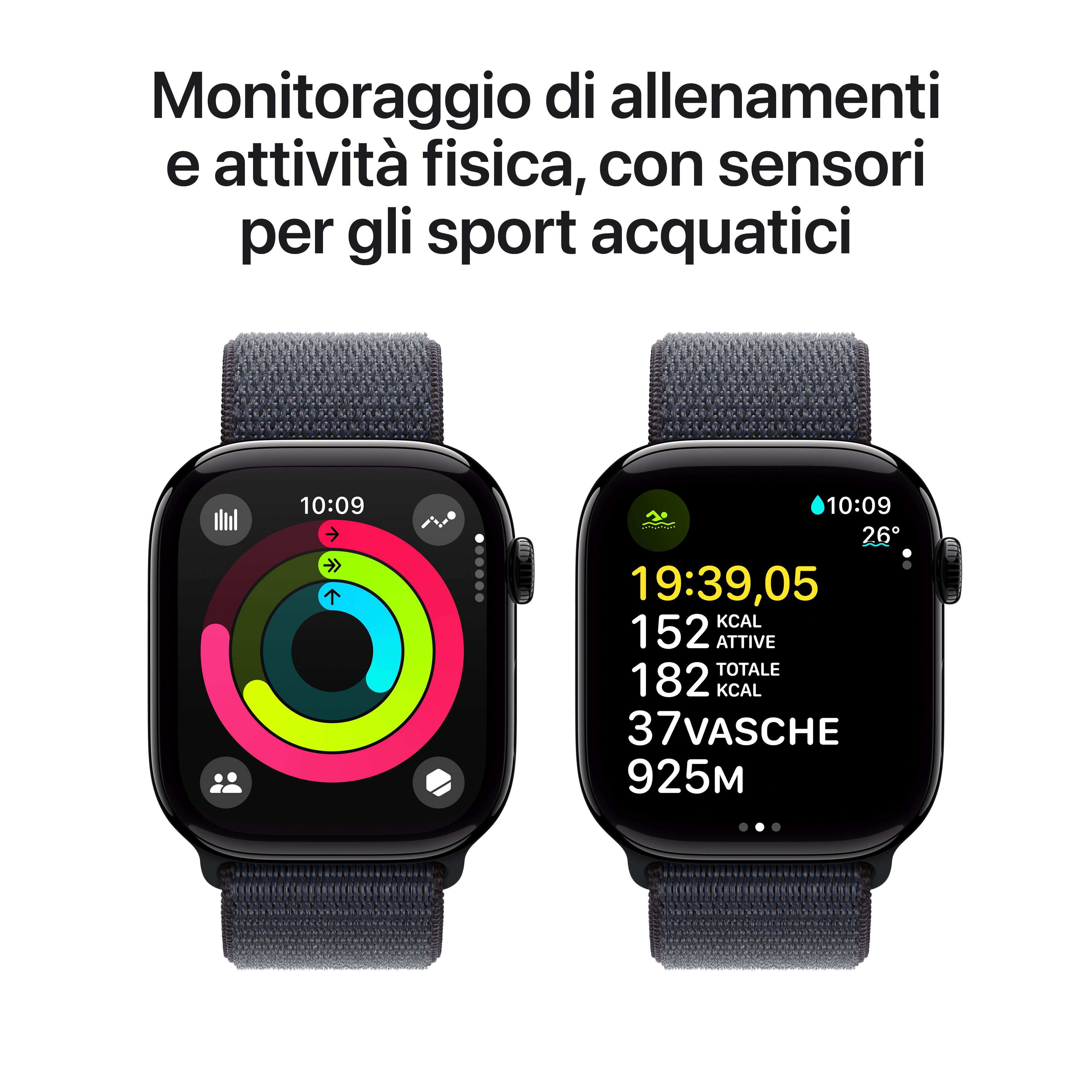 Due Apple Watch, che mostrano le metriche di allenamento. Orologio nero, cinturino grigio.