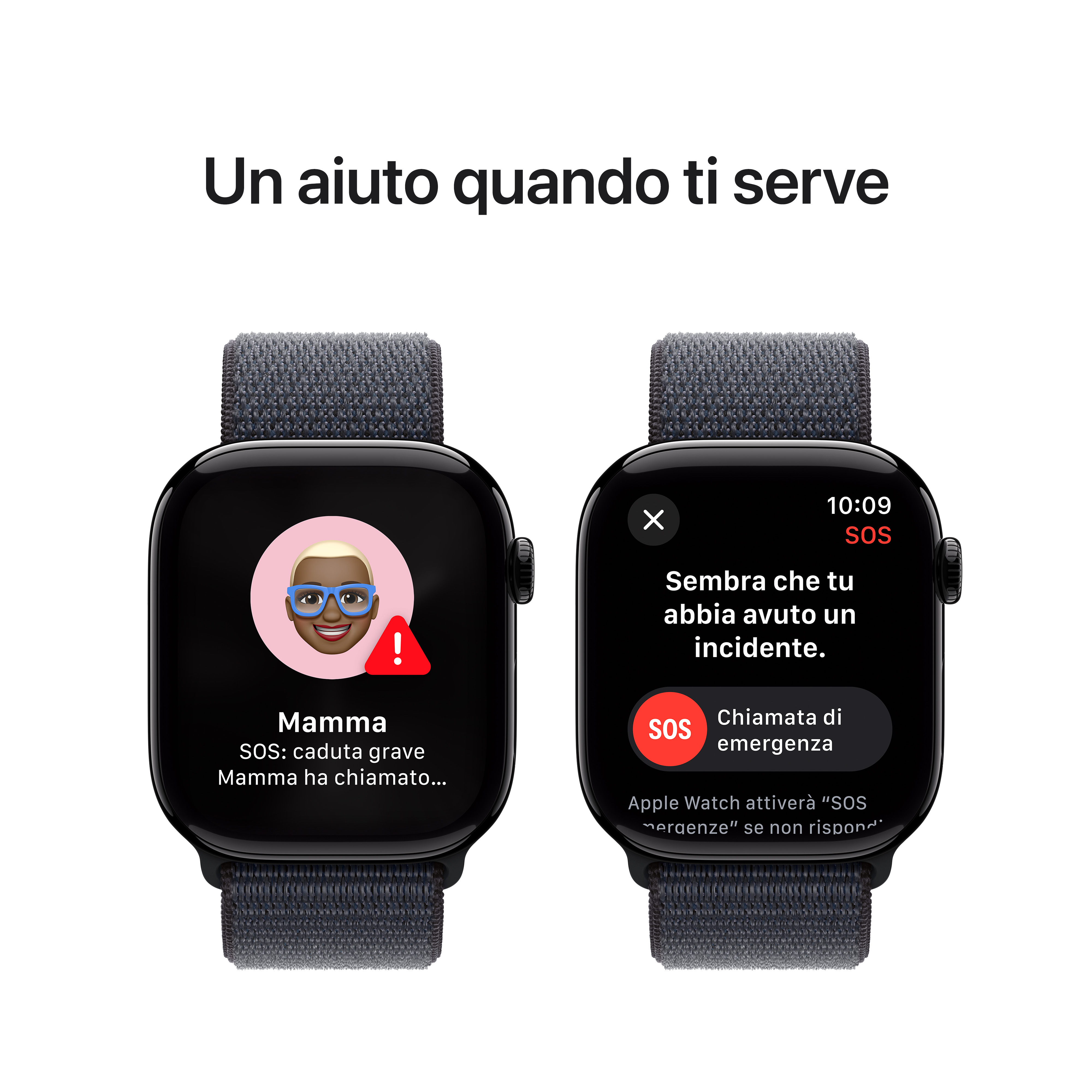Due Apple Watch che mostrano scenari SOS di emergenza. Uno mostra una chiamata da 'Mamma'.