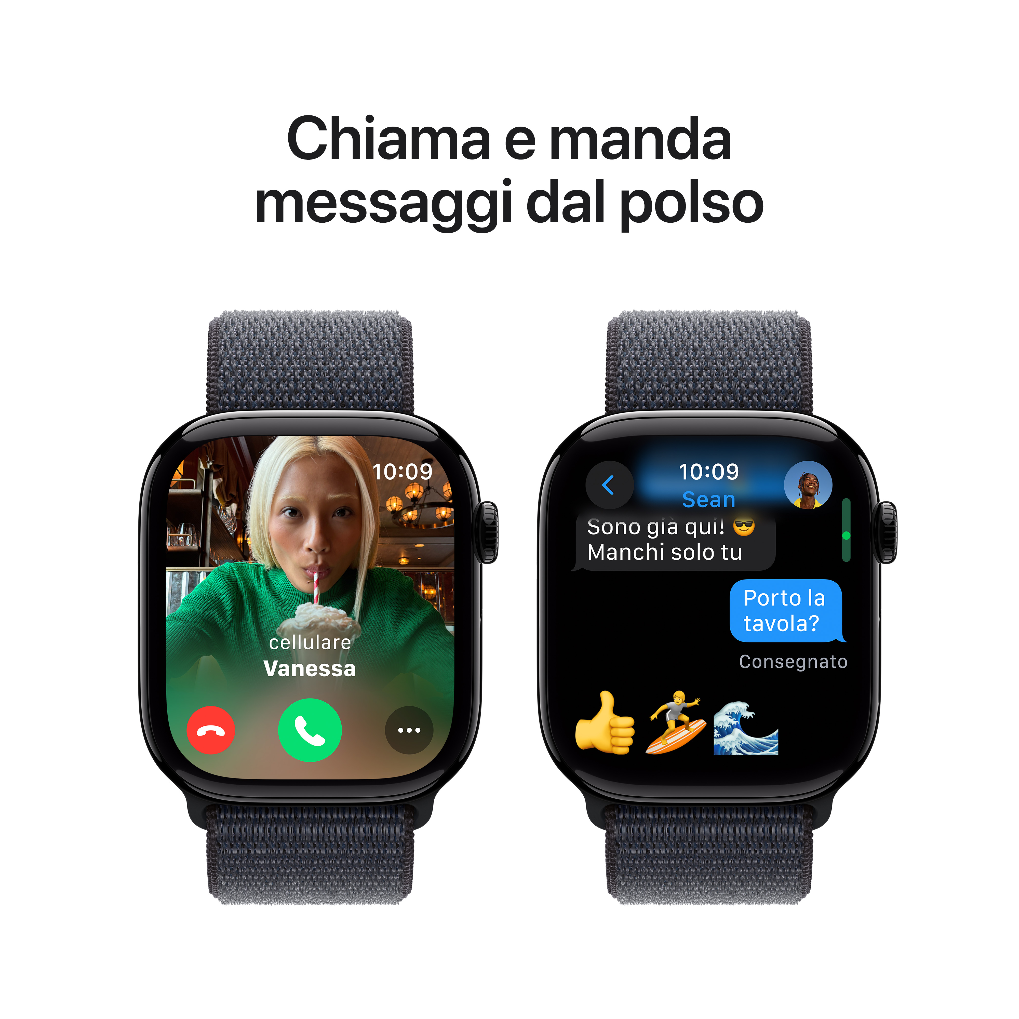 Due smartwatch. Uno mostra una videochiamata, l'altro una conversazione di messaggi di testo con emoji.