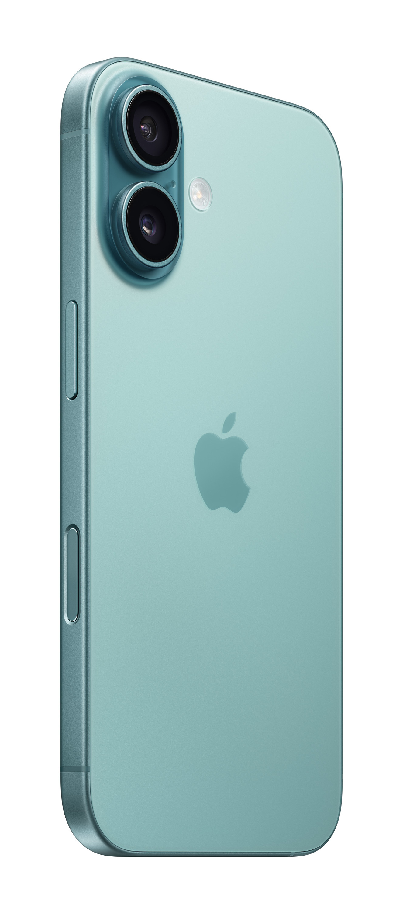 Widok z boku turkusowego iPhone'a z podwójnym aparatem i logo Apple z tyłu.