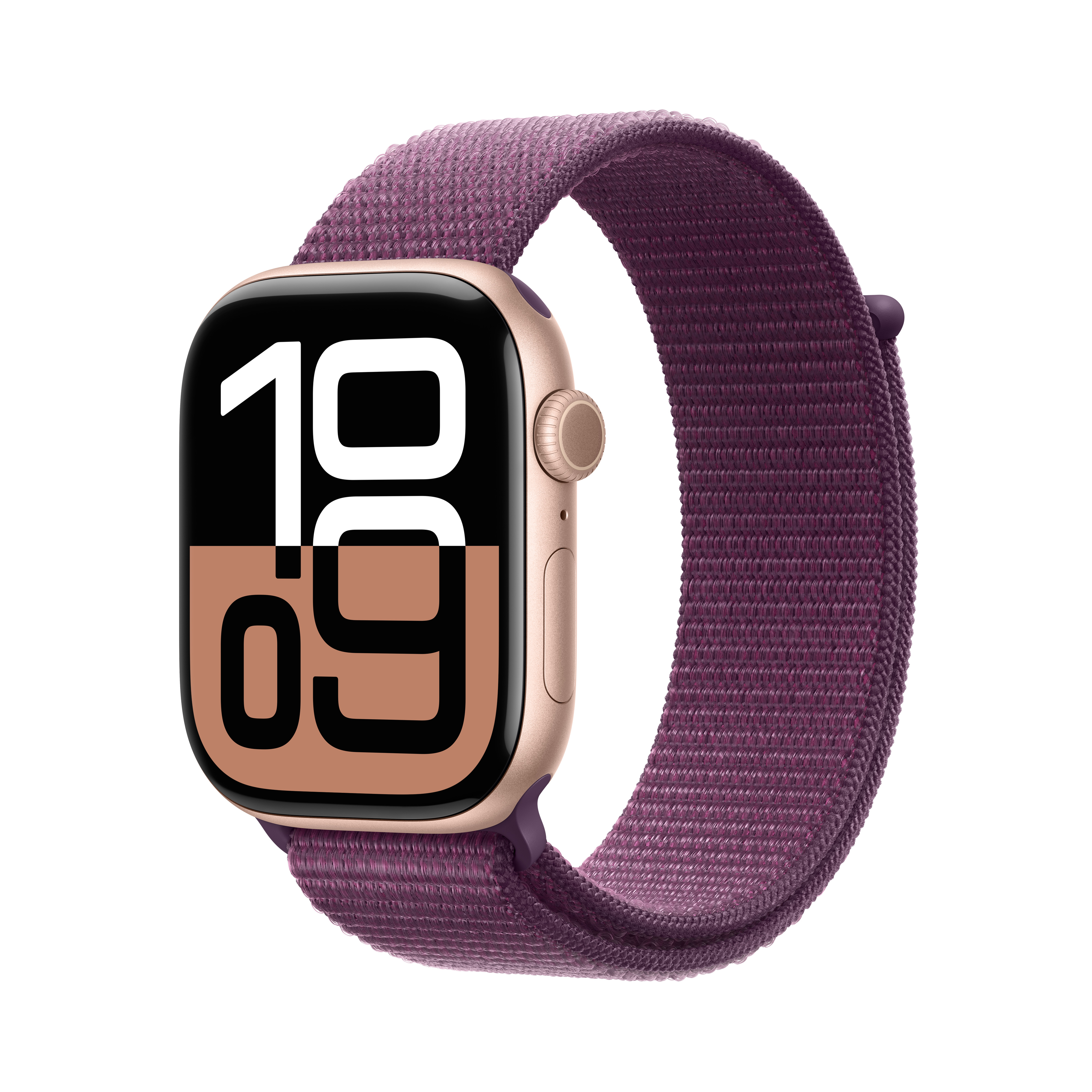 Złoty Apple Watch z fioletowym paskiem. Wyświetla godzinę 19:09. Z boku ma przycisk i pokrętło.