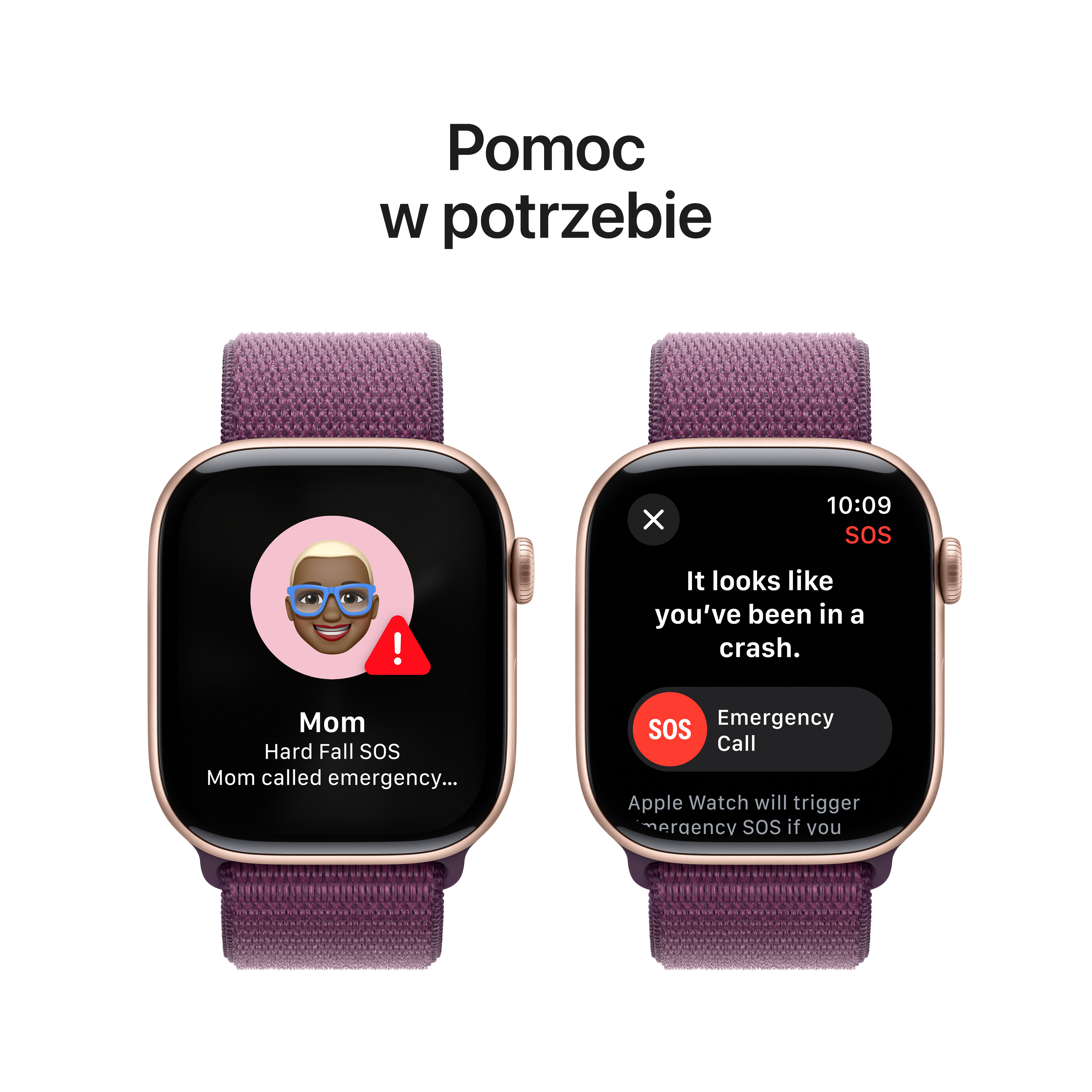 Apple Watch pokazujący SOS z tekstem i ikoną Mamy.