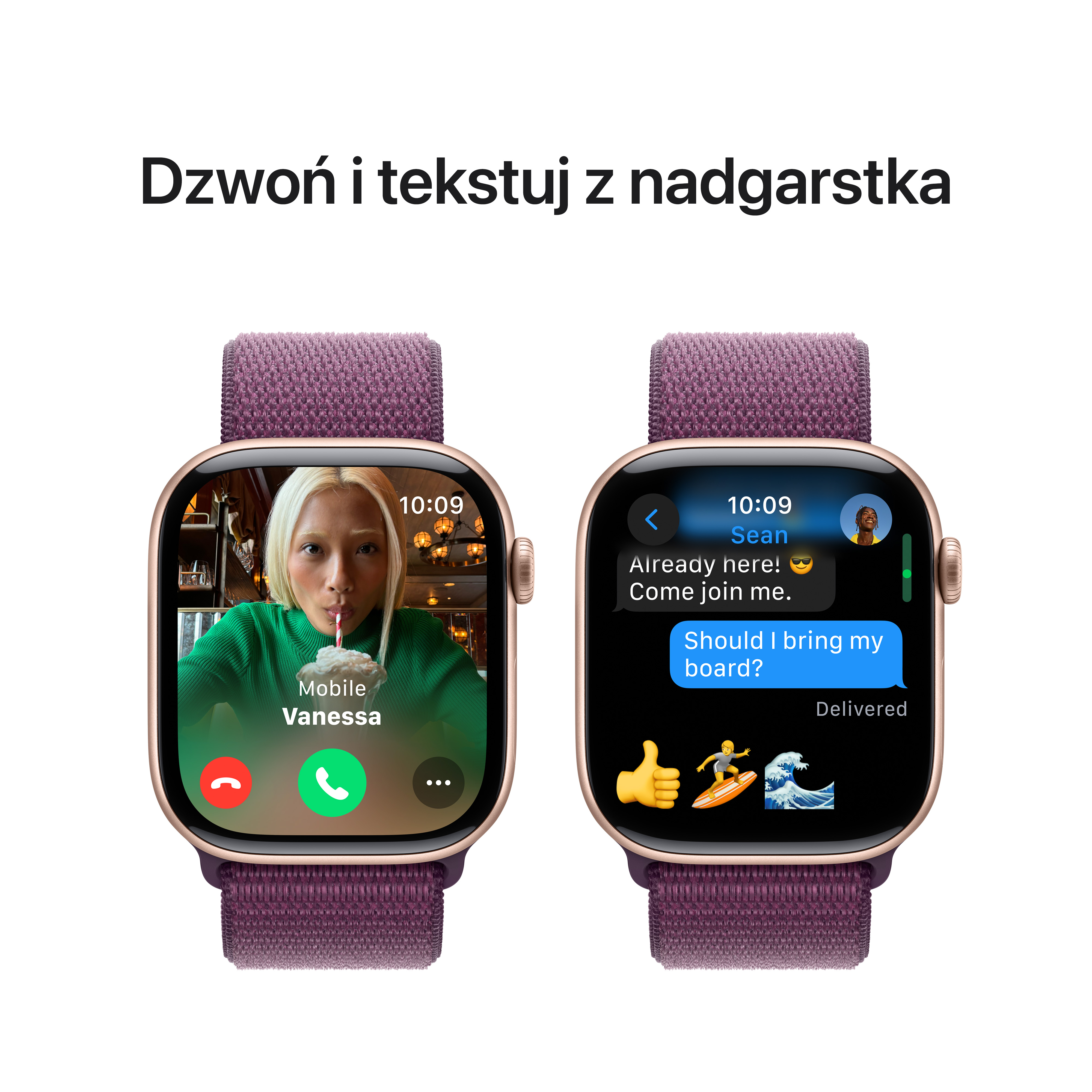 Dwa Apple Watche. Jeden pokazuje połączenie wideo, a drugi wiadomość tekstową od 'Seana'.