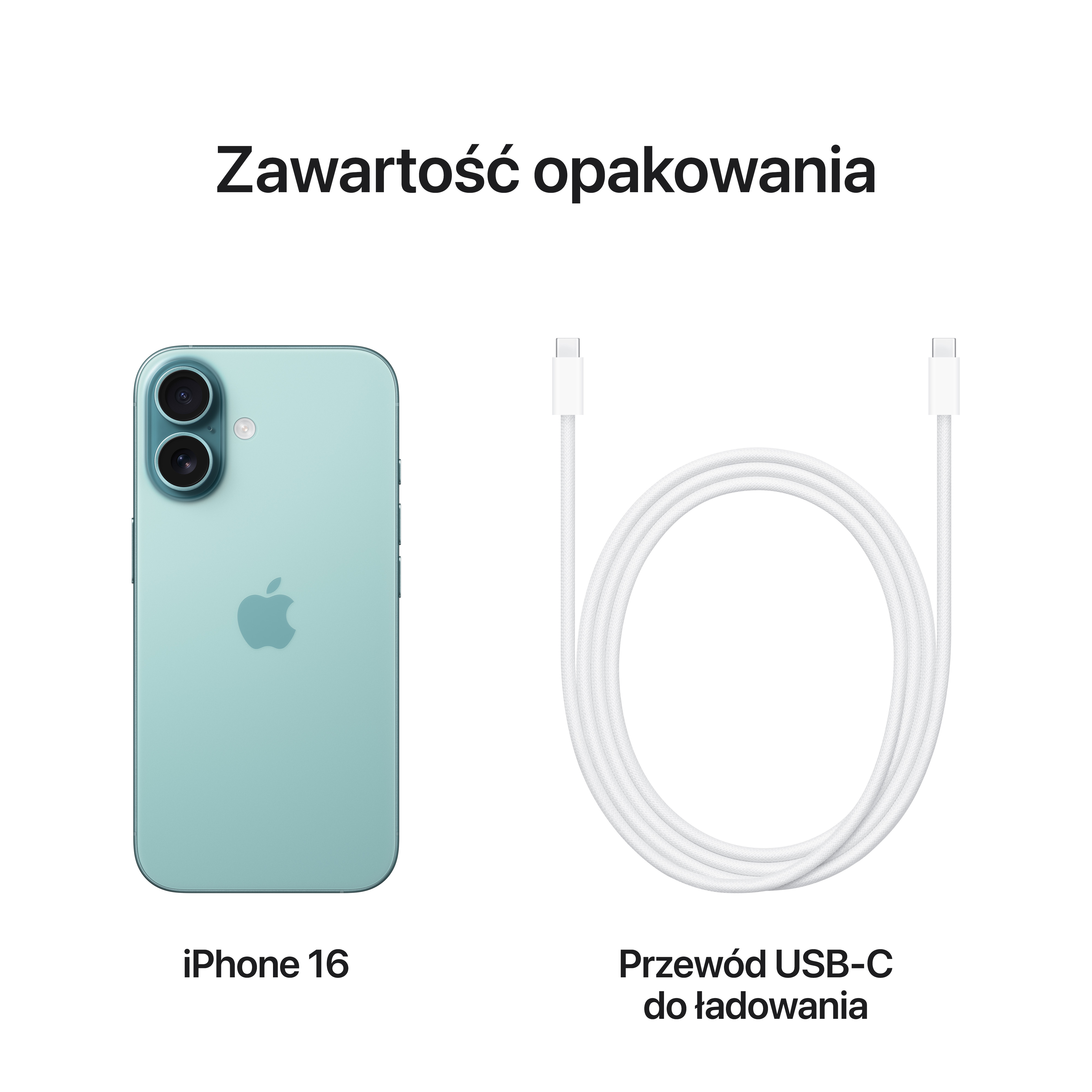 Turkusowy iPhone 16 i biały kabel USB-C na białym tle.
