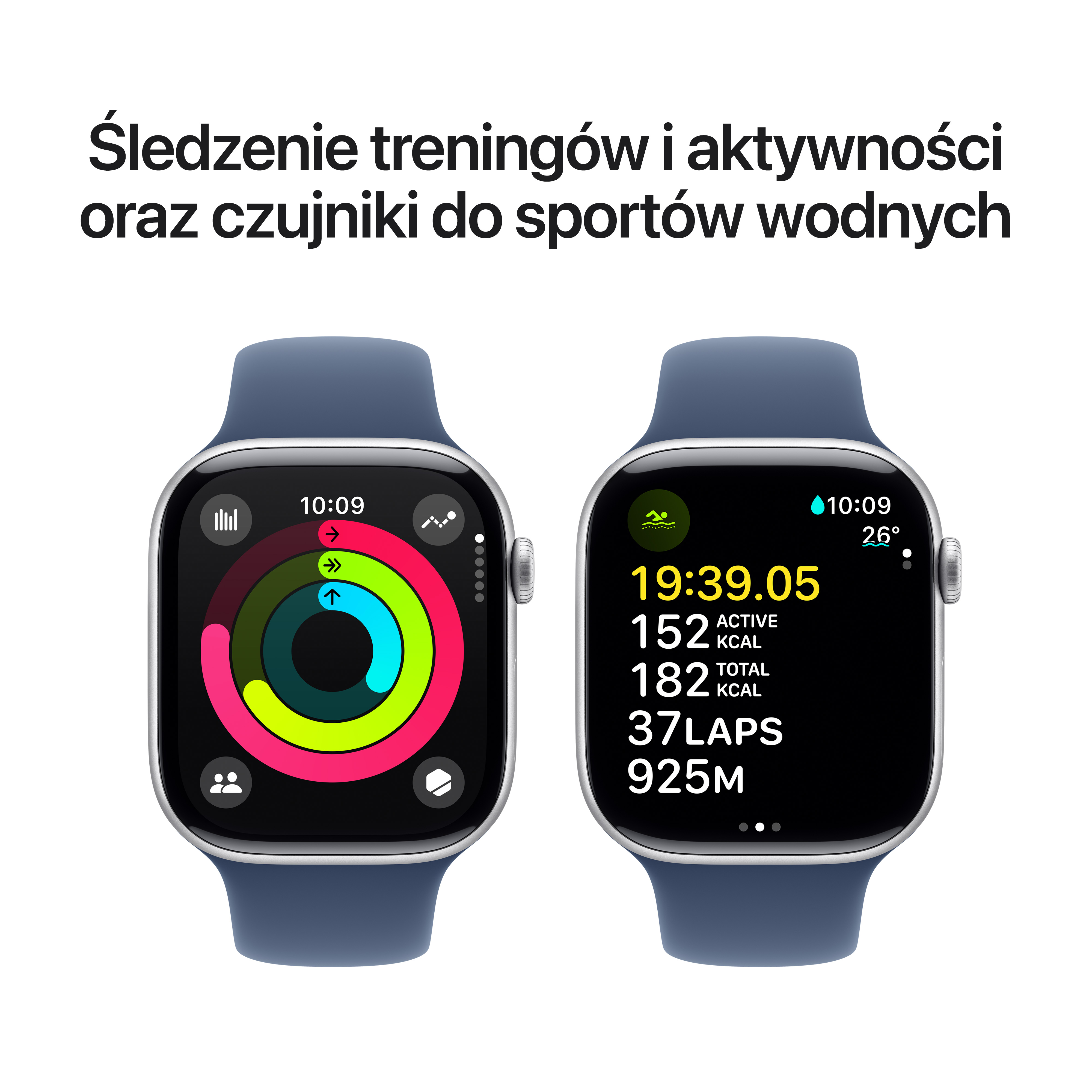 Dwa smartwatche wyświetlające wskaźniki aktywności i dane treningowe, w tym czas, kalorie i okrążenia.