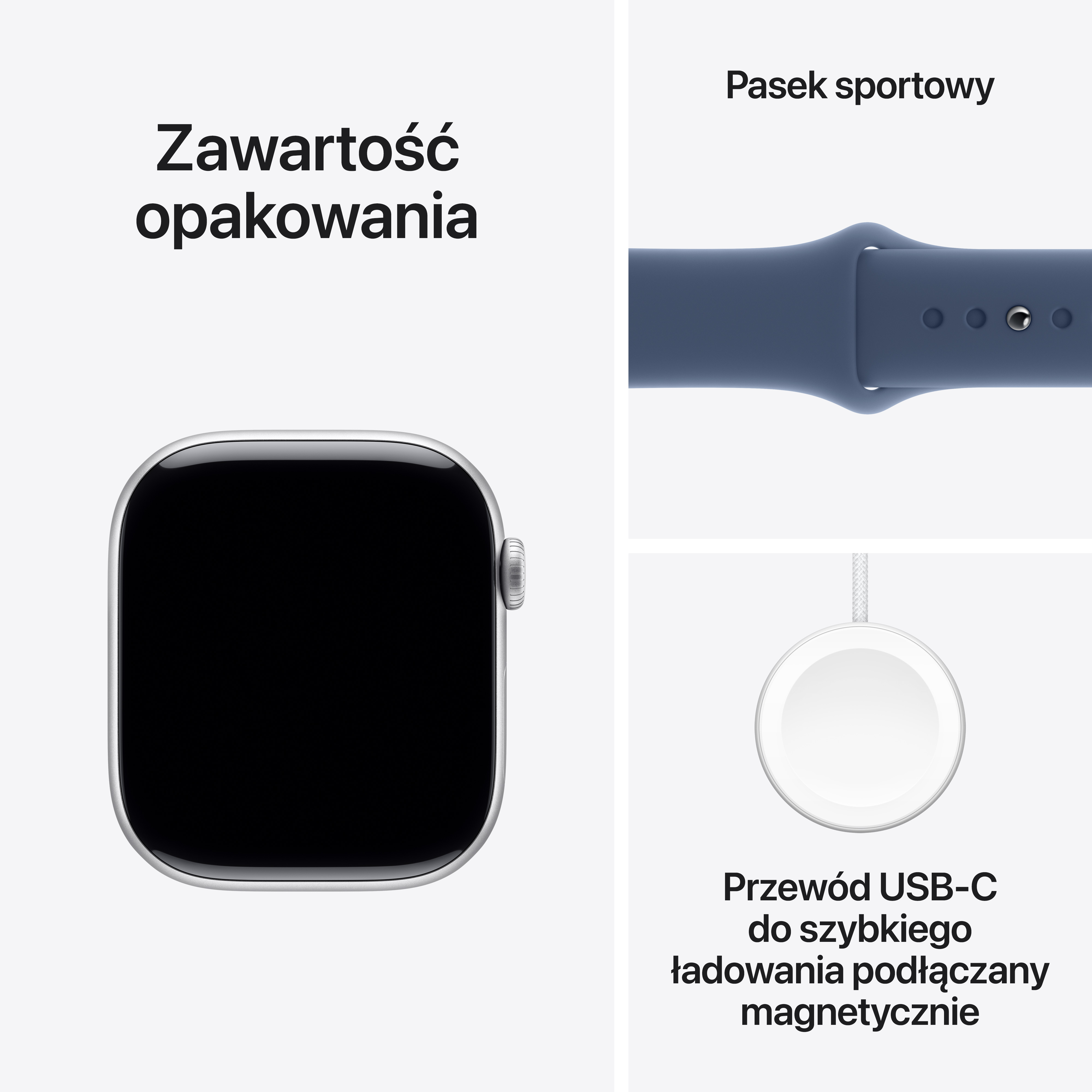 Apple Watch, niebieski pasek sportowy i biały kabel ładujący USB-C.