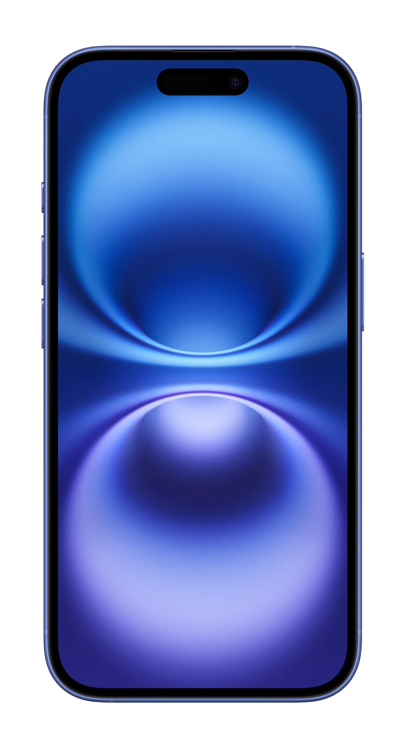 Niebieski iPhone z pełnoekranowym wyświetlaczem, pokazującym gradientowe tło, z wcięciem u góry.