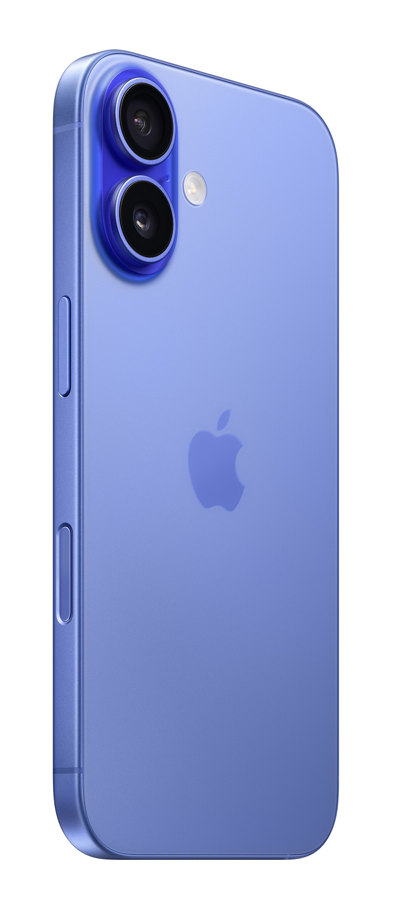 Niebieski iPhone z dwoma aparatami, logo Apple i bocznymi przyciskami.