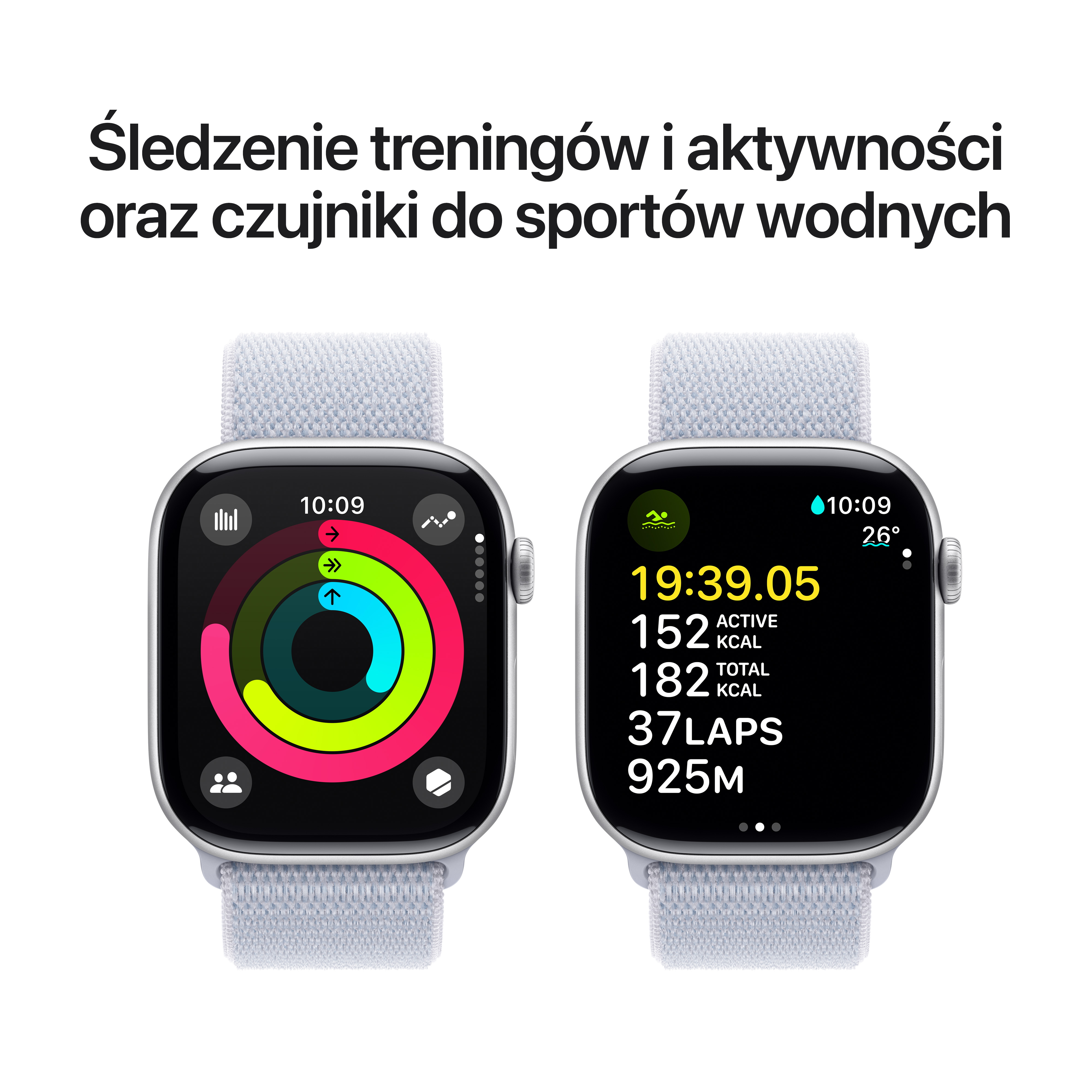 Dwa Apple Watche, wyświetlające pierścienie aktywności i dane treningowe, na jasnoszarym pasku.